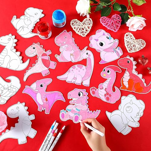 Miniatura 5 de Kit de manualidades para el día de San Valentín, 80 piezas para niños, kit de tarjetas de dinosaurio para colorear de San Valentín, tarjetas de