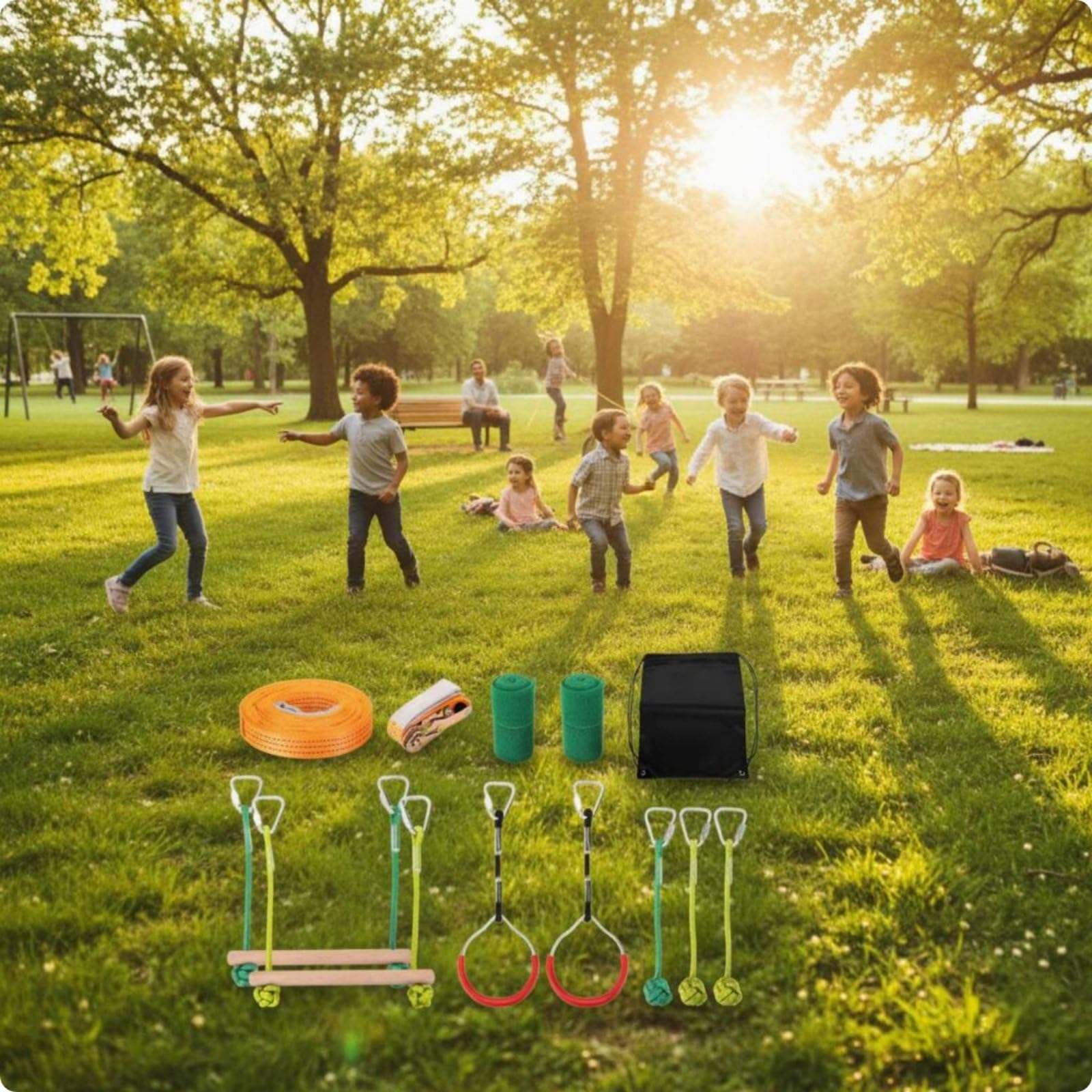 Children Balance Balance Kletterparcours Slackline Trainingsausrüstung Spielset mit Gymringen Kletterseilen Holztraversen Und Baum­Schutz aus