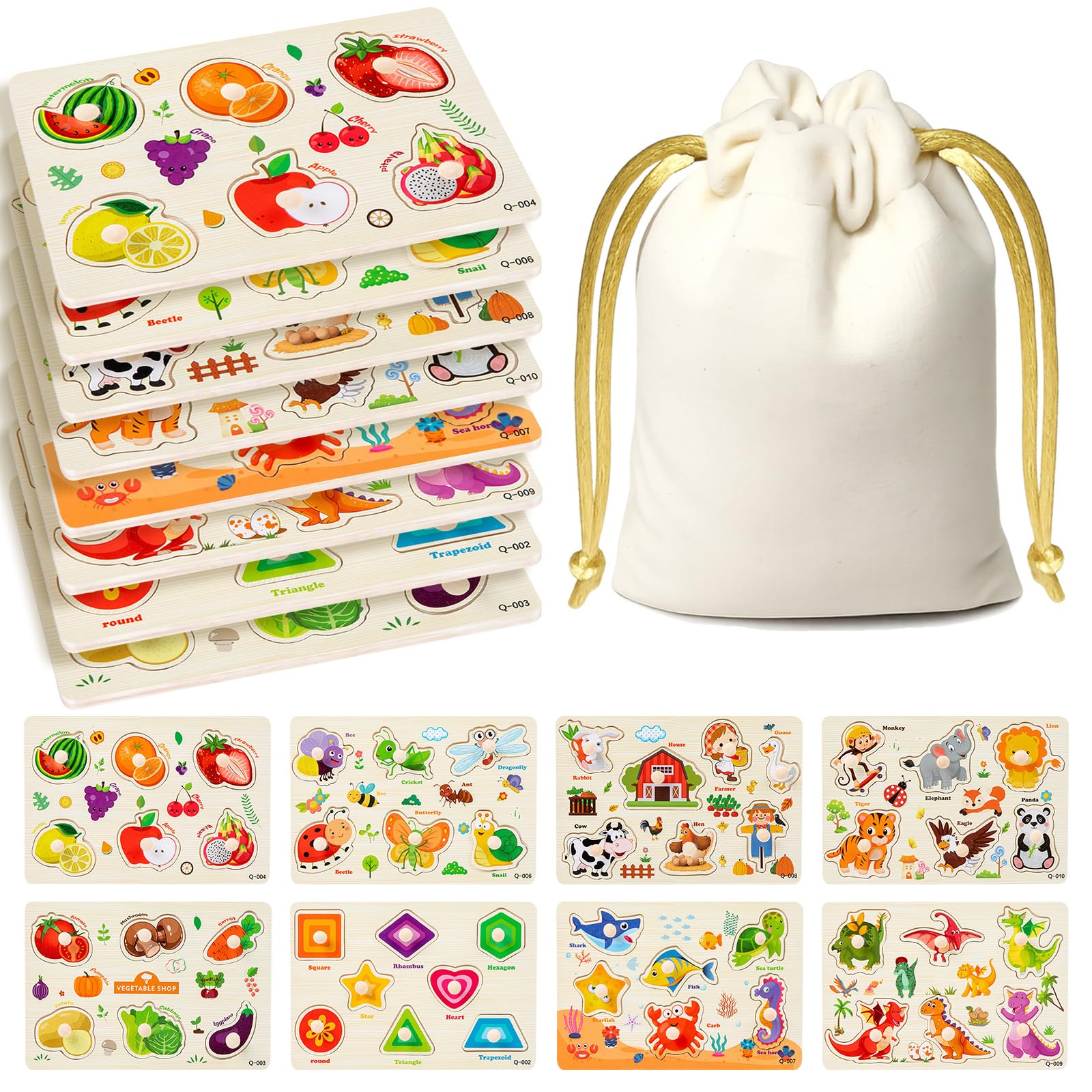 KASURE Wooden Peg Puzzles for Toddlers 3-5, 8 PCS Montessori Wooden Puzzles