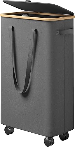 Raybee Cesta de lavandería con ruedas, cesta de lavandería delgada con tapa, cestas altas y grandes para ropa sucia con mango de bambú en la rueda,