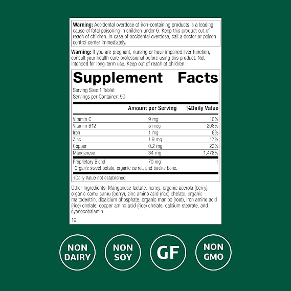Standard Process Manganese B12 - Supports Bone & Connective Tissue Health - Hemoglobin Formation Support - Gluten-Free, Non-Dairy & Non-Soy - 90 Tablets (90 Servings)