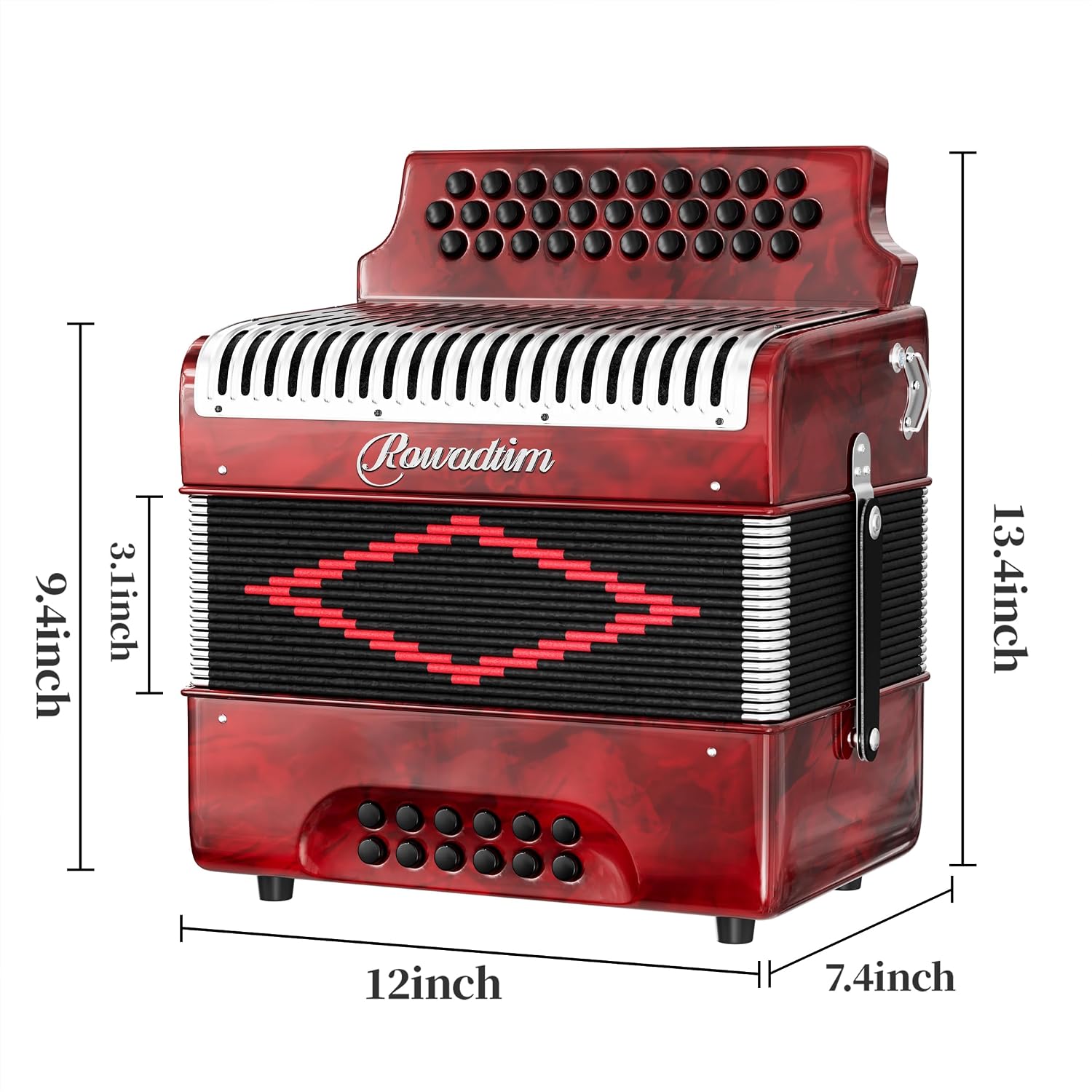 Accordion - 31 Key Diatonic, 12 Bass Buttons (G/C/F Tuning), Push-Pull Isochord Design, Beginner-Friendly Adult Set with Case, Gloves & Cleaning Wipes (red)