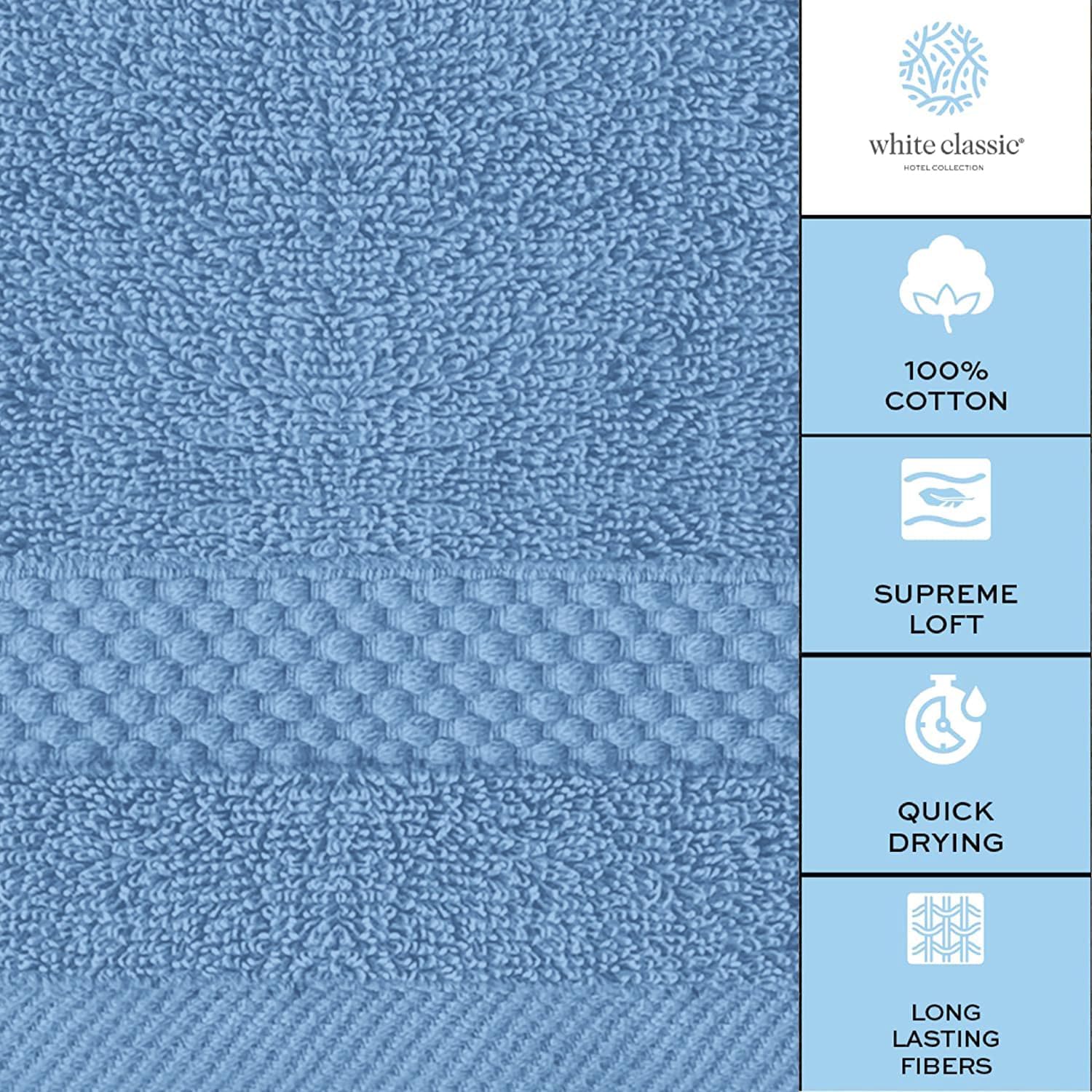 White Classic 12 Luxury Light Blue Washcloths 13 x 13 and 2 Luxury Bath Sheets 35 x 70 | Cotton, Highly Absorbent and Quick Dry for Hotels, Spa and Bathroom