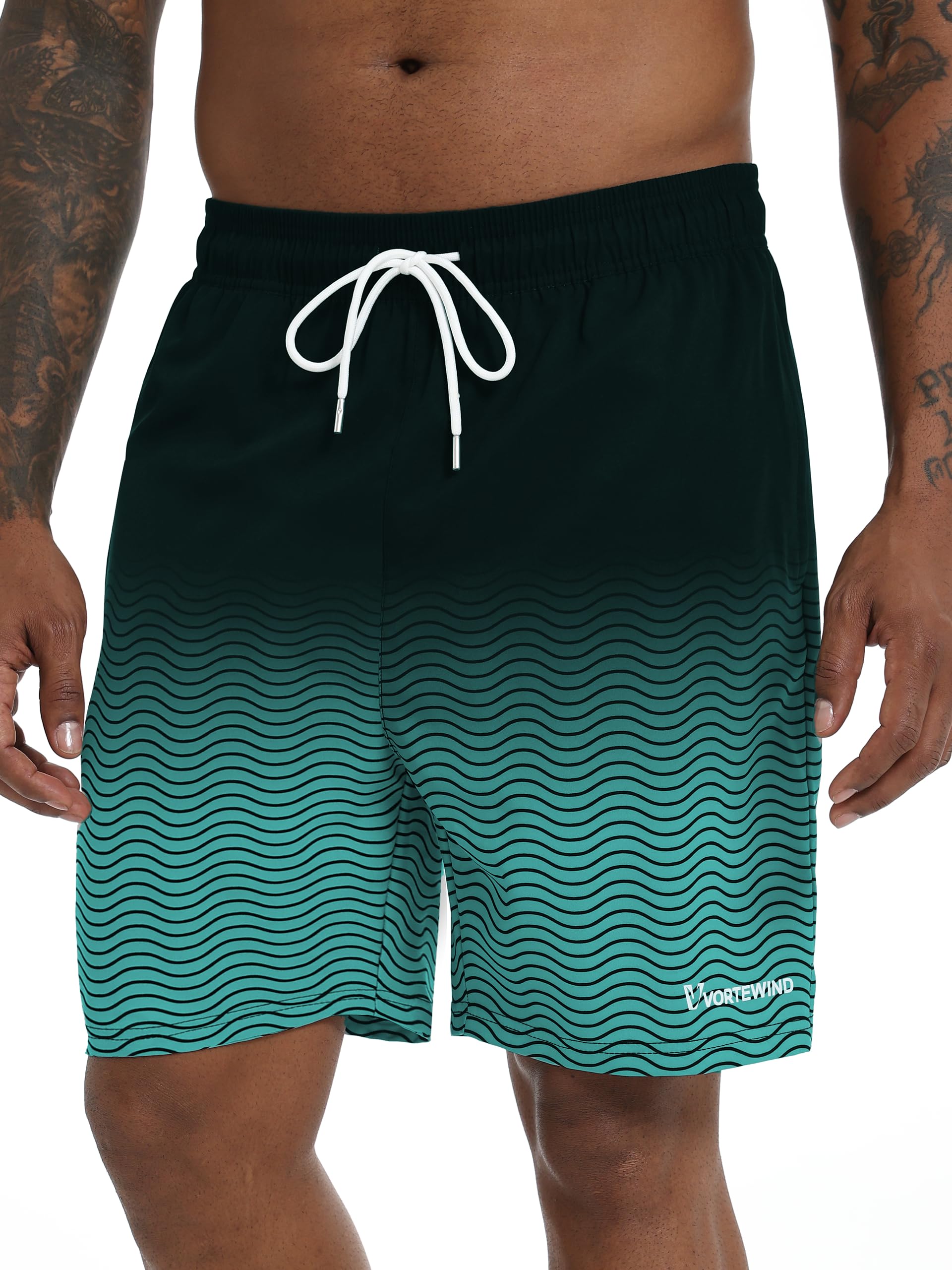 Vortewind Badehose Herren lang, Boardshorts Herren mit Kompressions-Innenhose, Badeshorts Männer, atmungsaktiv, wasserabweisend, mit Reißverschlusstasche für Surfen, Urlaub und Freizeit