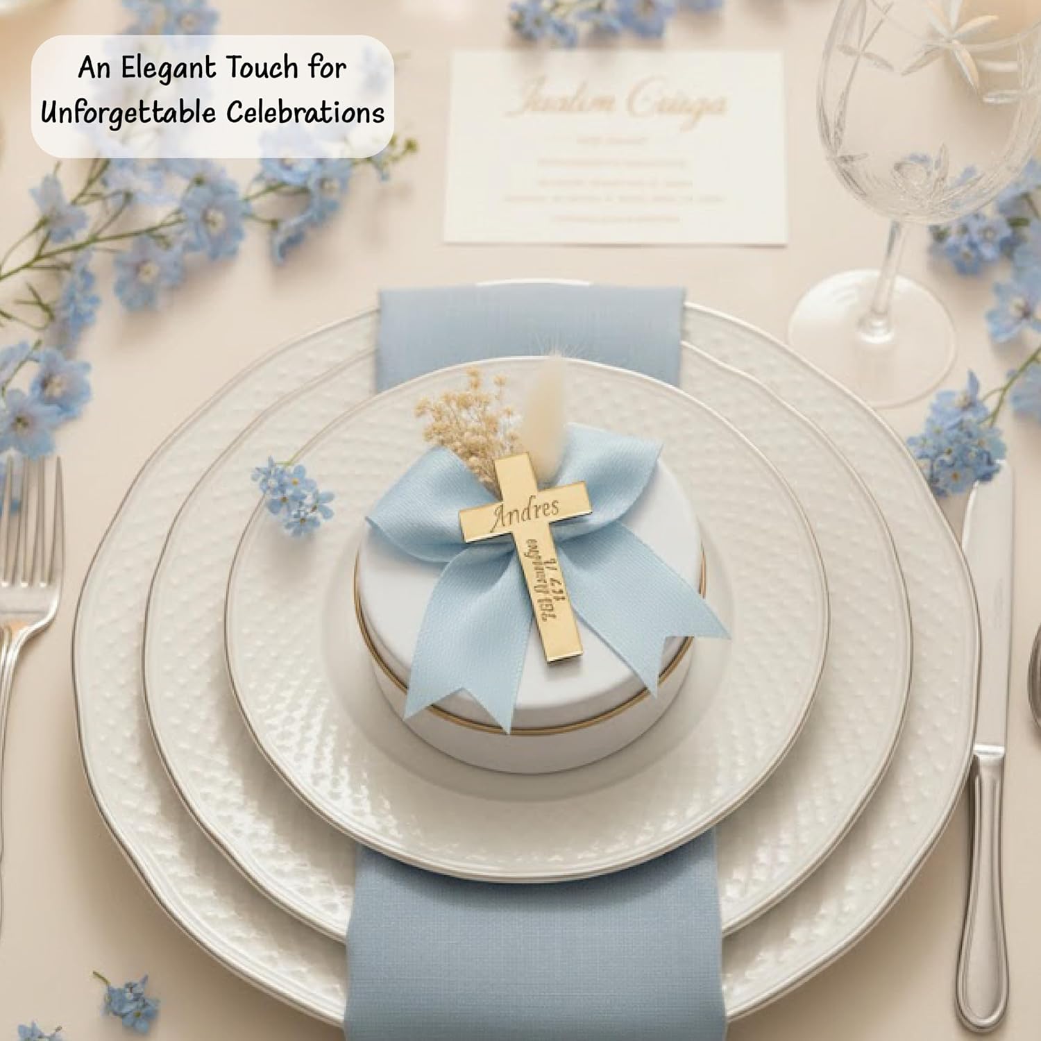 Baptism Candle Favors – Personalized Cross Tag in Tin Box with Ribbon & Flower (10)