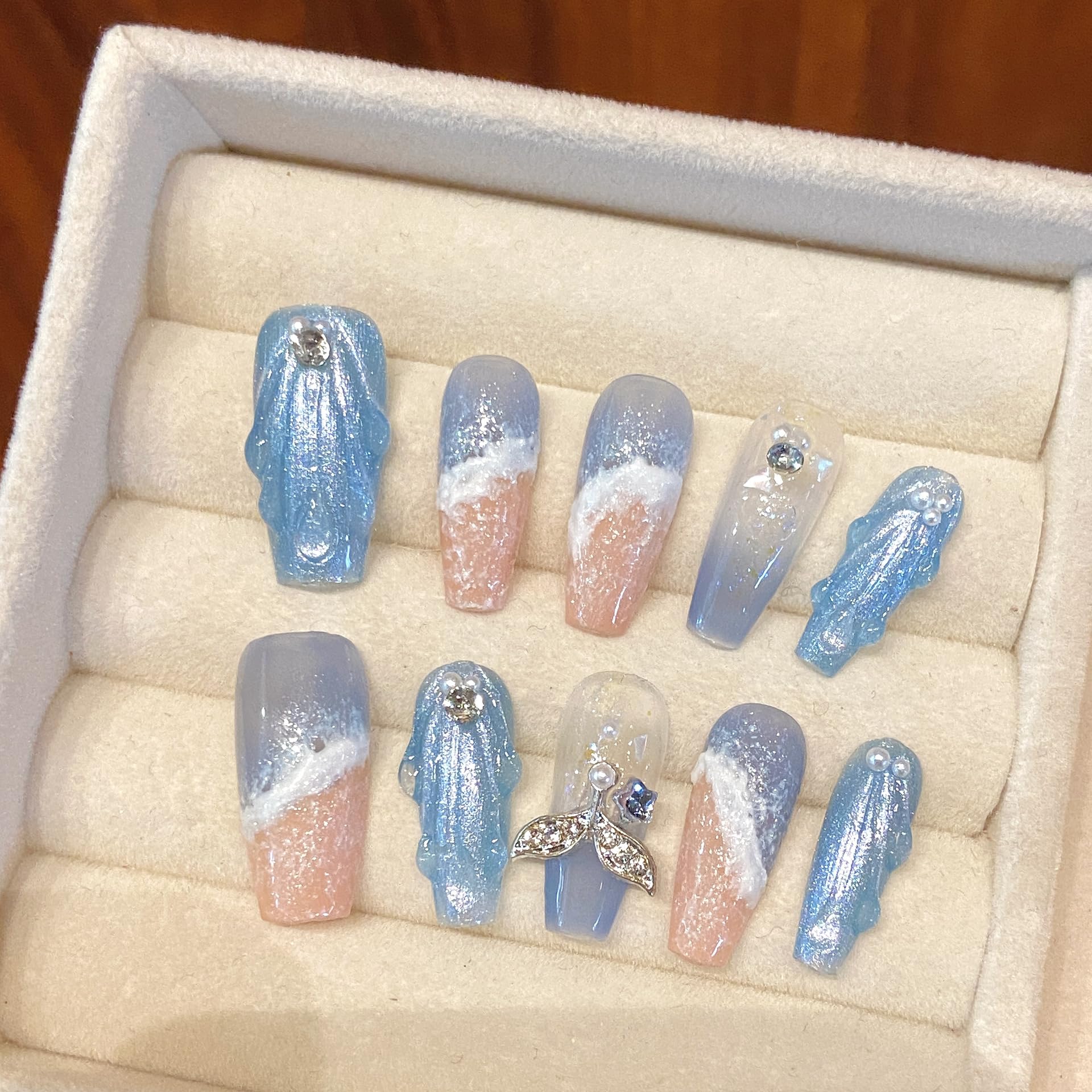 MNAFAYY 100% Handmade Nails Blue Sea Beach Medium Press On Nails 3D Gems Full Cover Luxury Gorgeous Reusable UV Finished Fake False Nails Acrylic Nail Kit With Box Gifts Women Mother's Day S