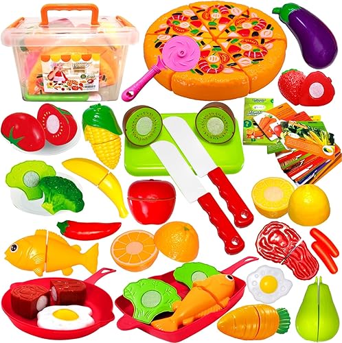 FUNERICA Juguetes de cocina para cortar alimentos para niños juego de 43 piezas con frutas de juego verduras aves de corral y pescado accesorios de
