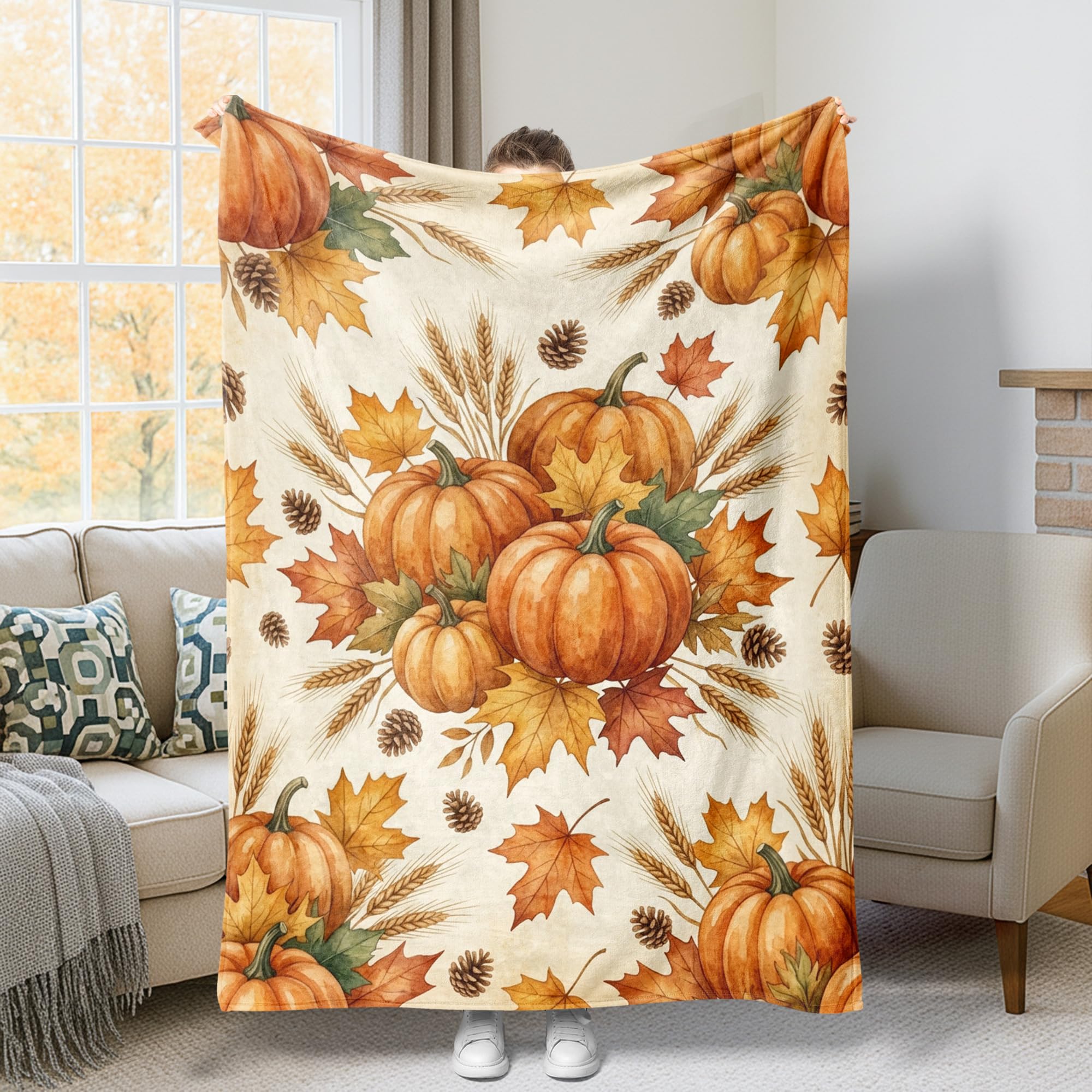 Jeté de lit citrouille orange pour cocooning d'automne au salon