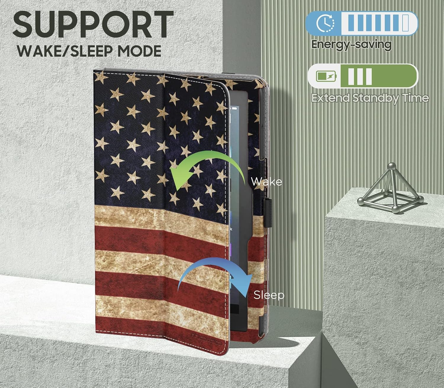 MoKo Case Compatible with Amazon All-New Kindle Fire 7 Tablet (2022 Release-12th Generation) Latest Model 7" - Slim Folding Stand Cover with Auto Wake/Sleep, American Flag
