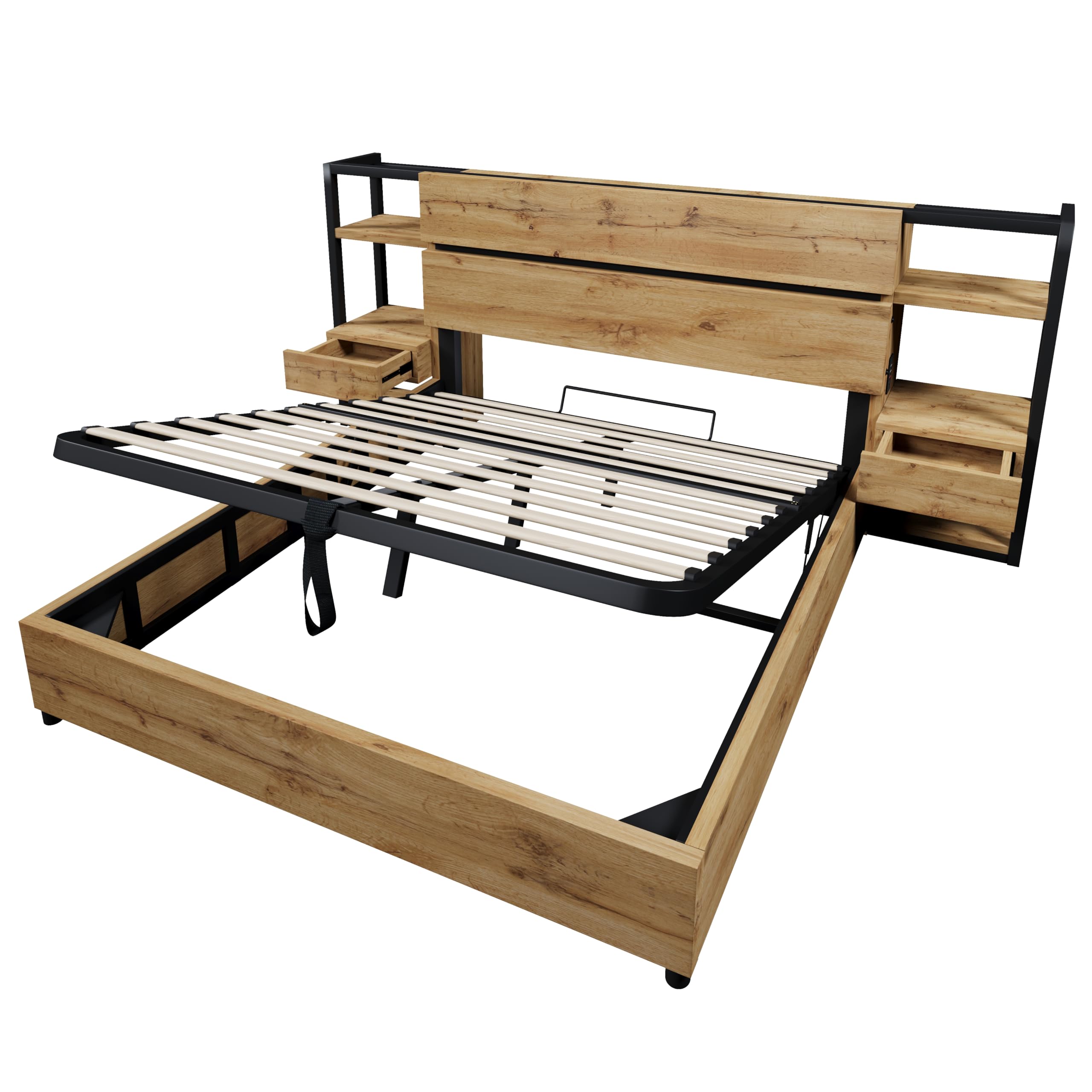 Cama de matrimonio de 160 x 200 cm con cajones y puerto de carga USB y tipo C de madera, cama de almacenamiento hidráulico, cabecero de almacenamiento, somier con listones de madera, acabado