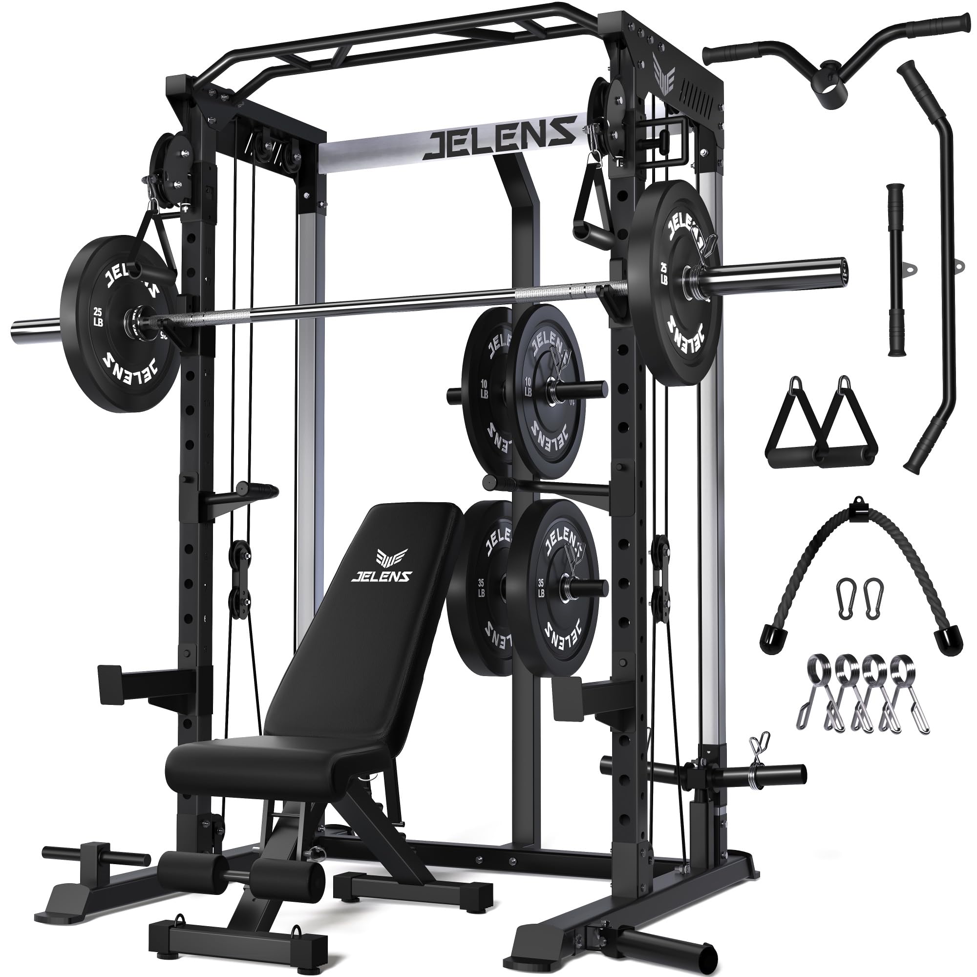 JELENS C21 Power Cage, 2000LBS Multi-Function Power Rack with Independent Dual Pulley System, All-in-One Squat Rack for Cable Crossover, Home Gym Workout Machine