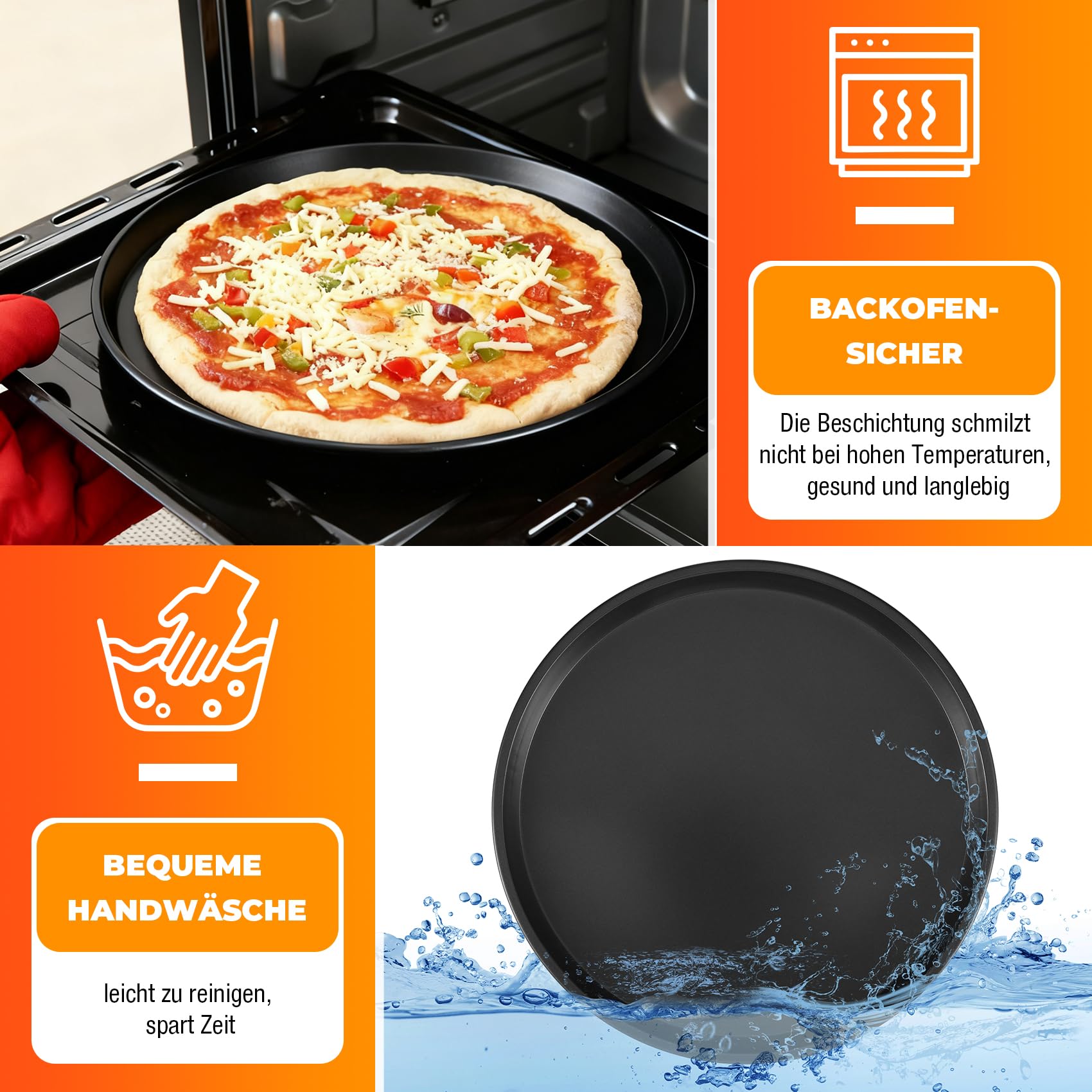 Nagoyuki Pizzablech 4er Set, ø 32 cm Pizzabäcker-Set mit 4 Backblechen und Ständer rundes Pizzabackblech mit Antihaftbeschichtung als Pizza-Backblech und Flammkuchen Blech