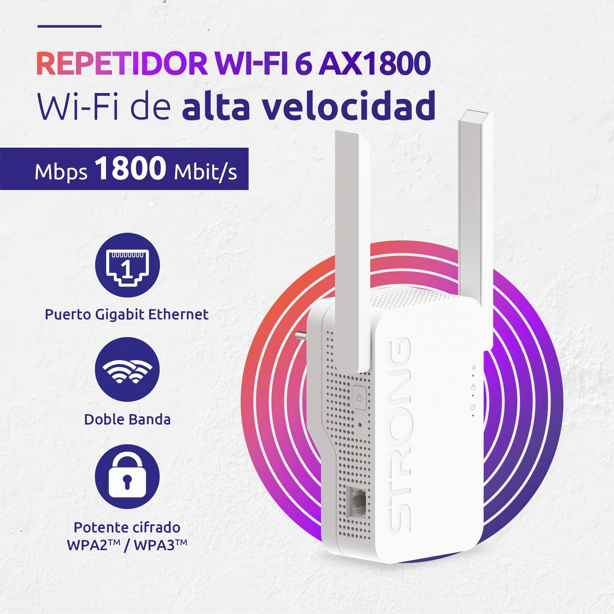 Strong - WiFi Amplificador - Repetidor WiFi 6 AX1800 Mbps - Compatible con Box/Router - 1 Puerto Gigabit Ethernet WAN/LAN- Doble Banda 2,4 GHz + 5 GHz - 2 Antenas Externas - Blanco