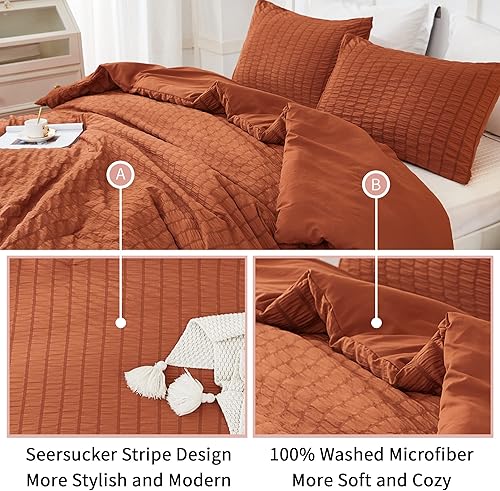 Miniatura 4 de AveLom Juego de edredón California King de seersucker terracota (104x96 pulgadas), 3 piezas - 100% microfibra suave lavada, edredón ligero con 2