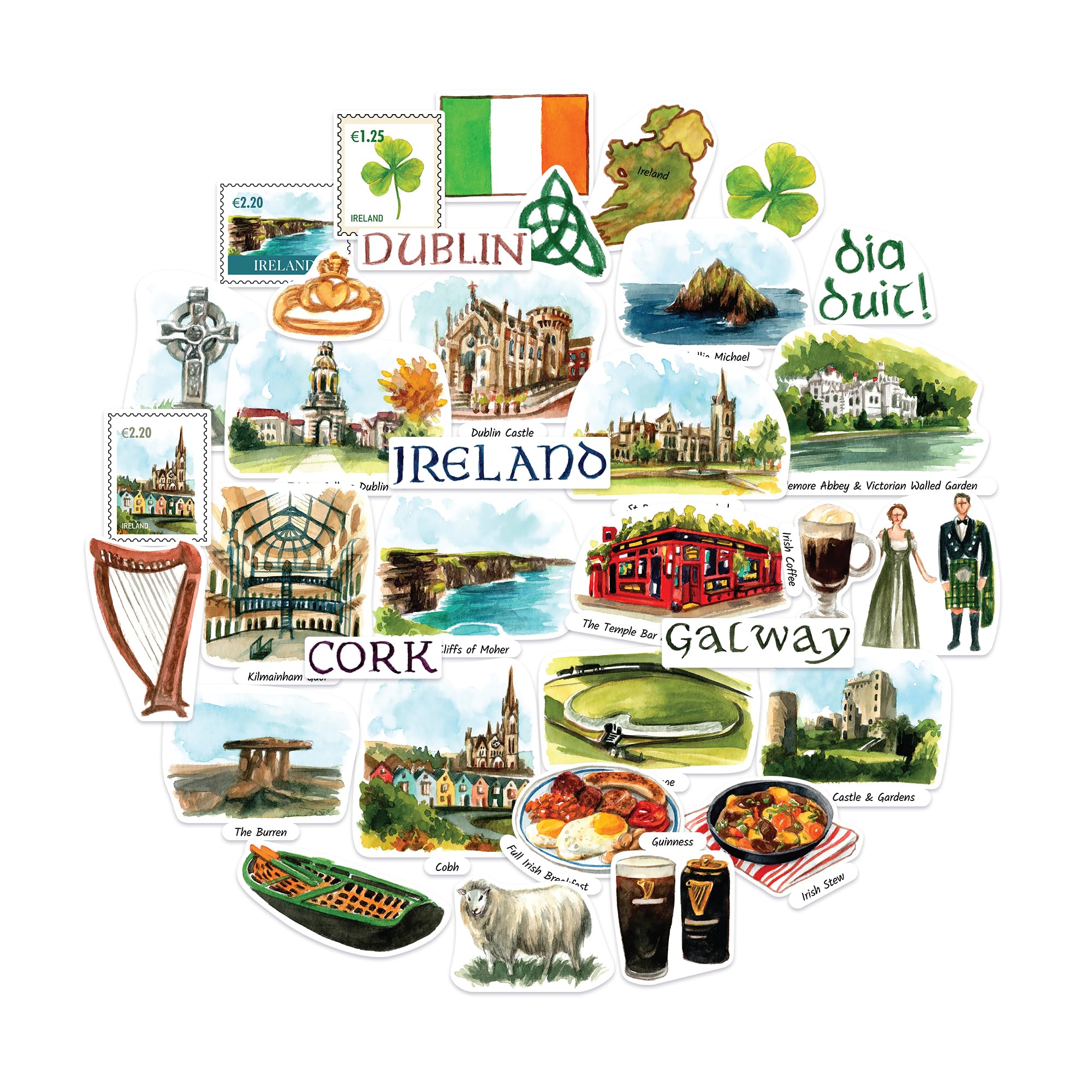 Navy Peony Emerald Ireland Statement Stickers - Hand-Illustrated Watercolor, Glossy, Waterproof - for Luggage, Laptops, Water Bottles (34 Pcs)