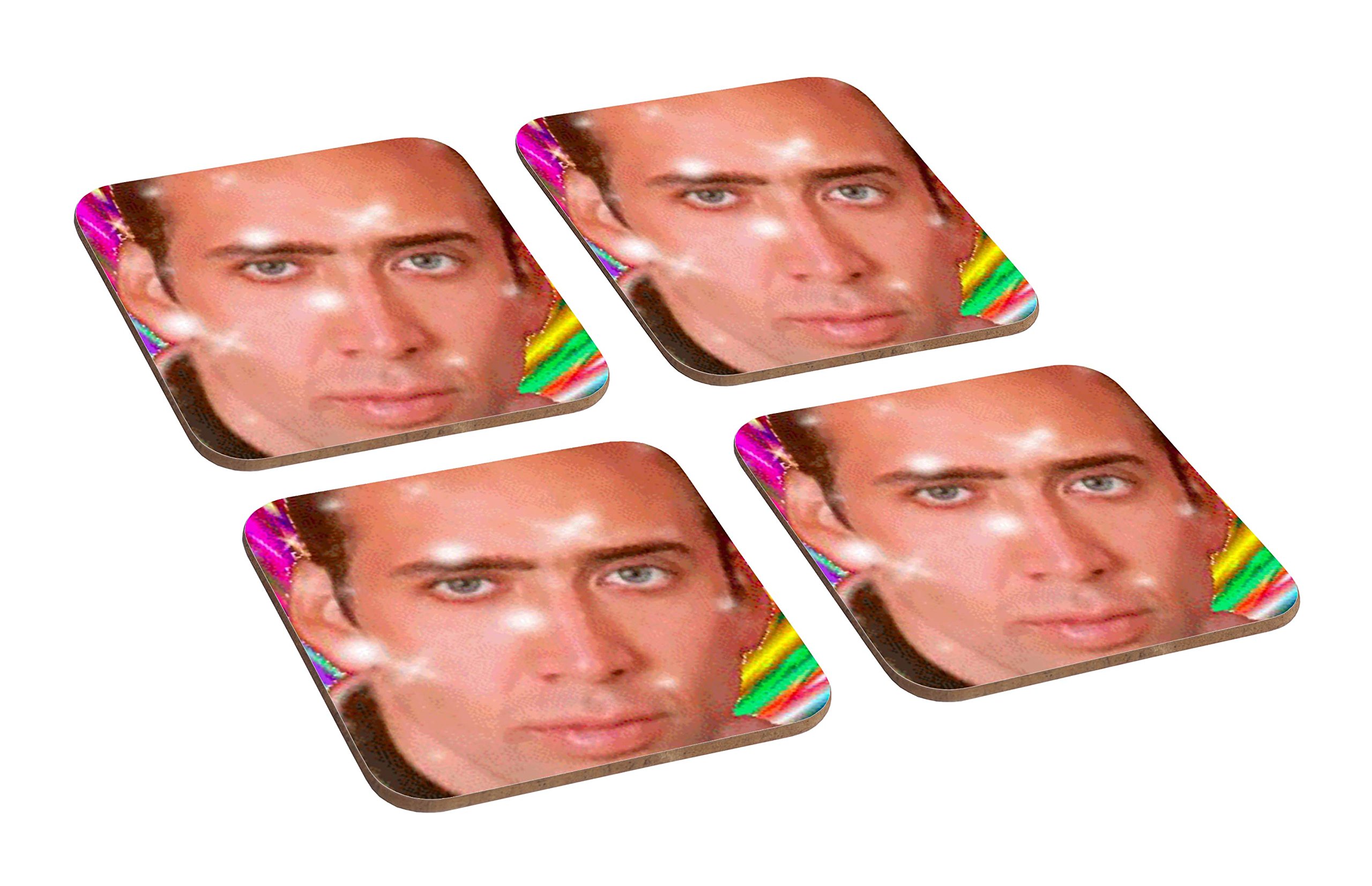 Mugmart Nicolas Cage Rainbow Funny 4 Piece Wooden Coaster Set