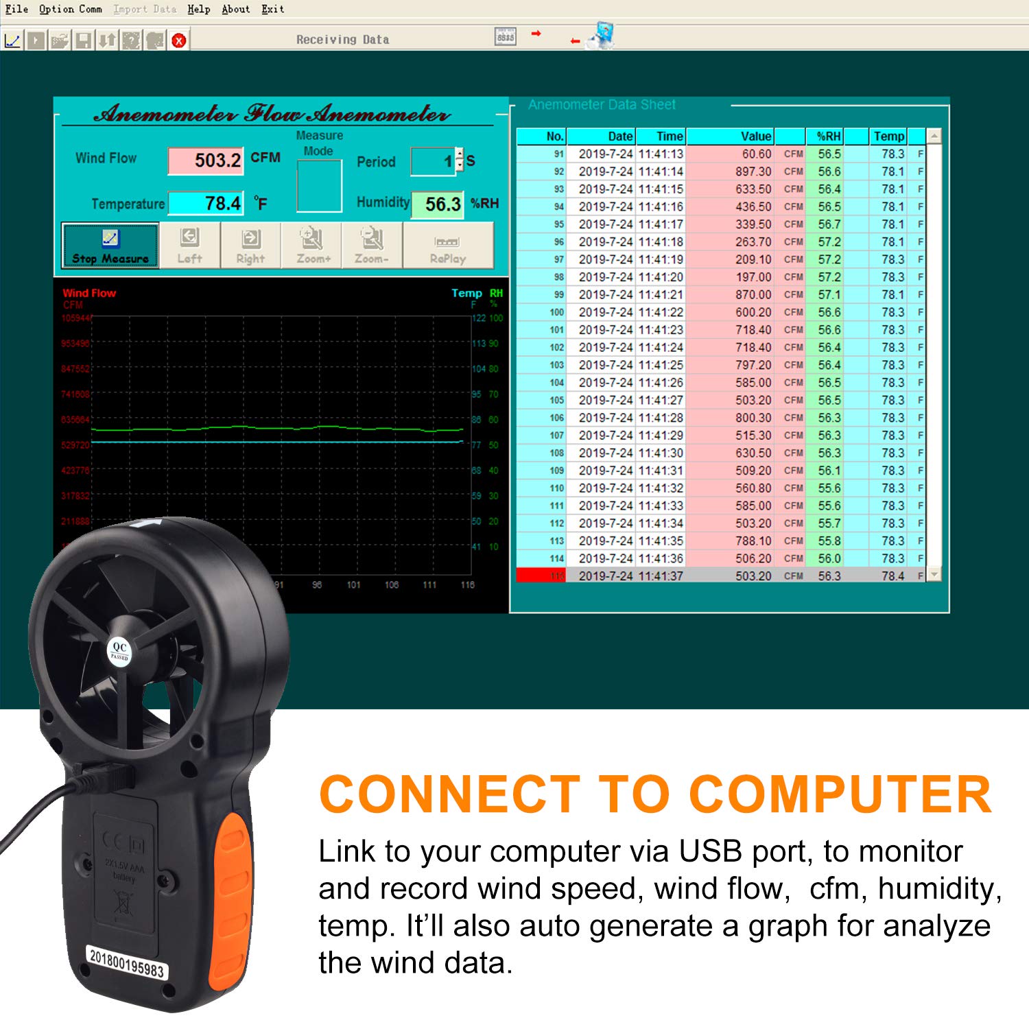 Compteur CFM Portable avec Anémomètre Numérique BT-866A avec Connexion USB - Mesureur de Vitesse du Vent Mesure la Vitesse et la Température du Vent