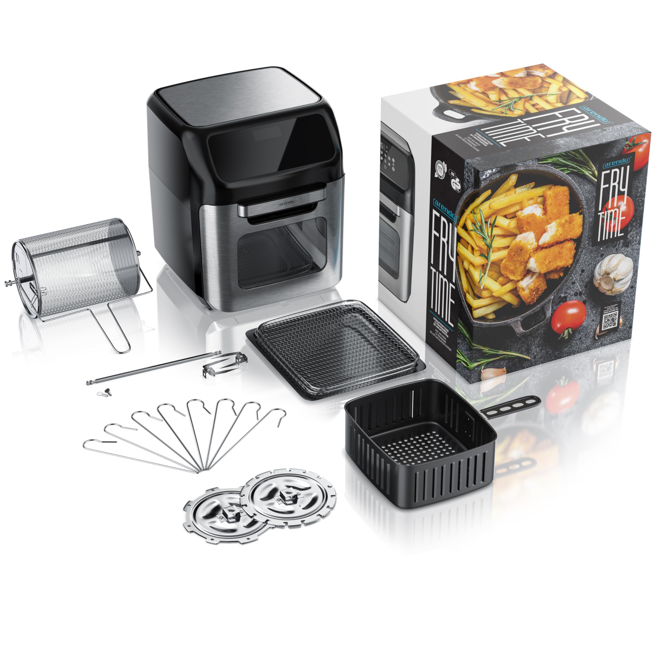 Arendo - Freidora de aire caliente de 12 litros - Mini horno multifunción - Giratoria - Deshidratador - Recirculación - Pollo, patatas fritas de pizza - Aplicaciones de acero inoxidable - Sin BPA