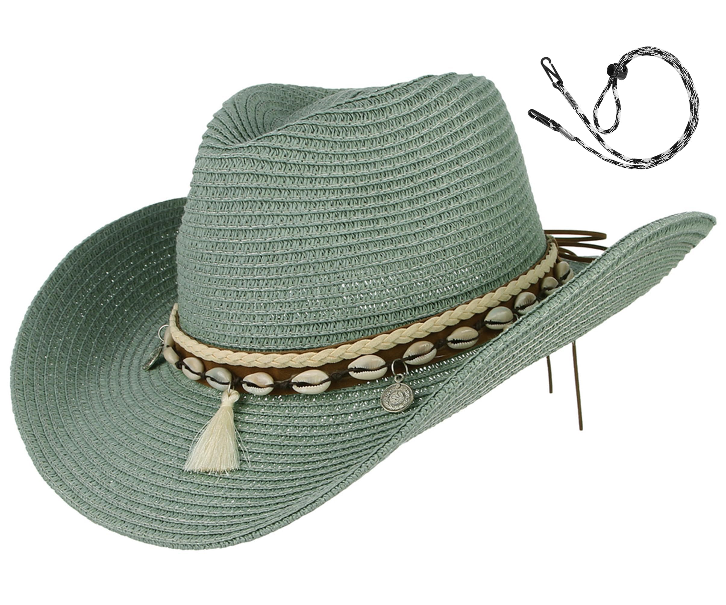 GEMVIE Women's Summer Straw Cowboy Cowgirl Hat Sun Hats Wide Brim Beach Holiday Straw Hat with Shell Band Green