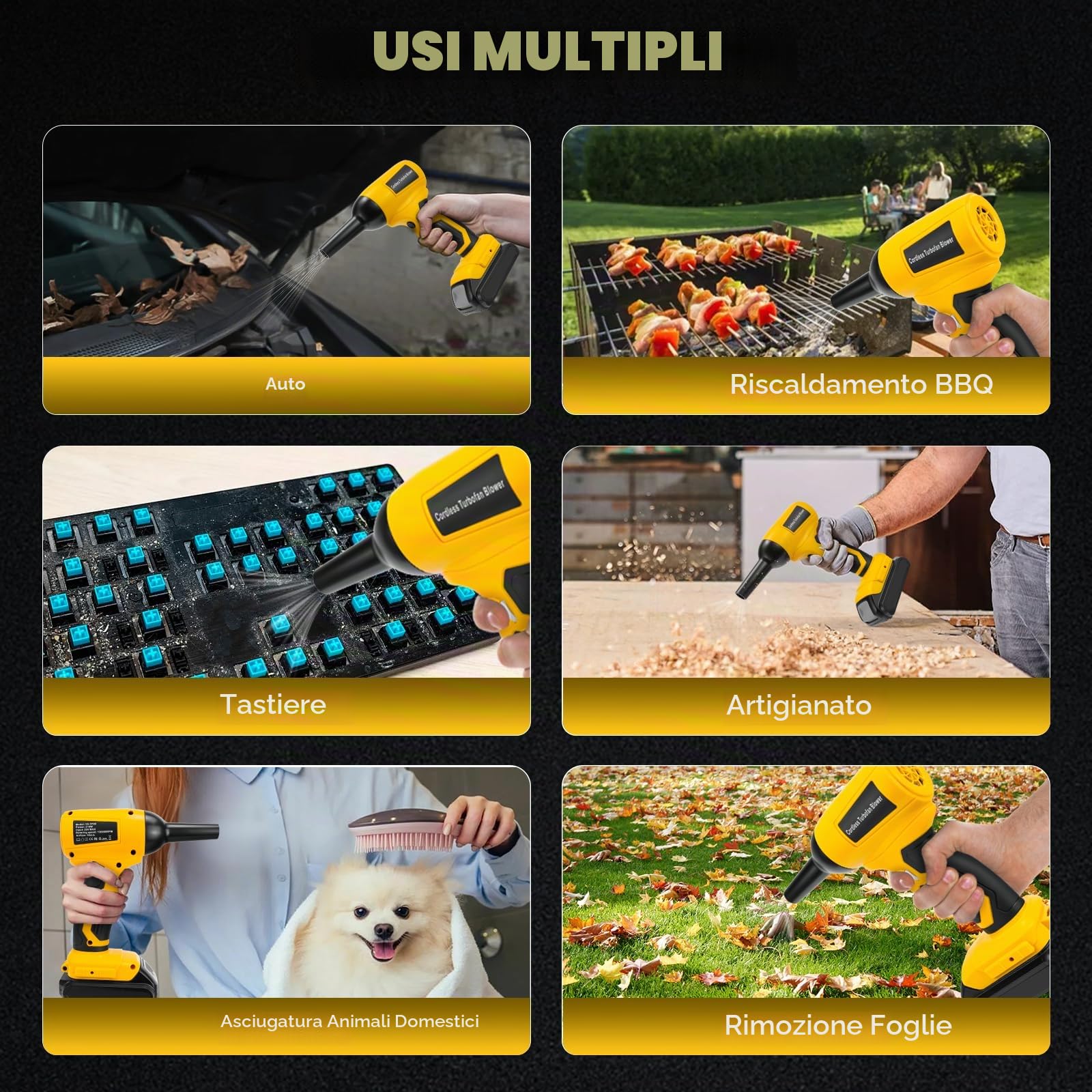 Mini soffiatore a foglia compatibile con batteria Dewalt 20 V, 130.000 giri/min, motore senza spazzole, velocità del vento 30 m/s, 5 ugelli per soffiatore a foglie, pulizia auto (senza batteria)