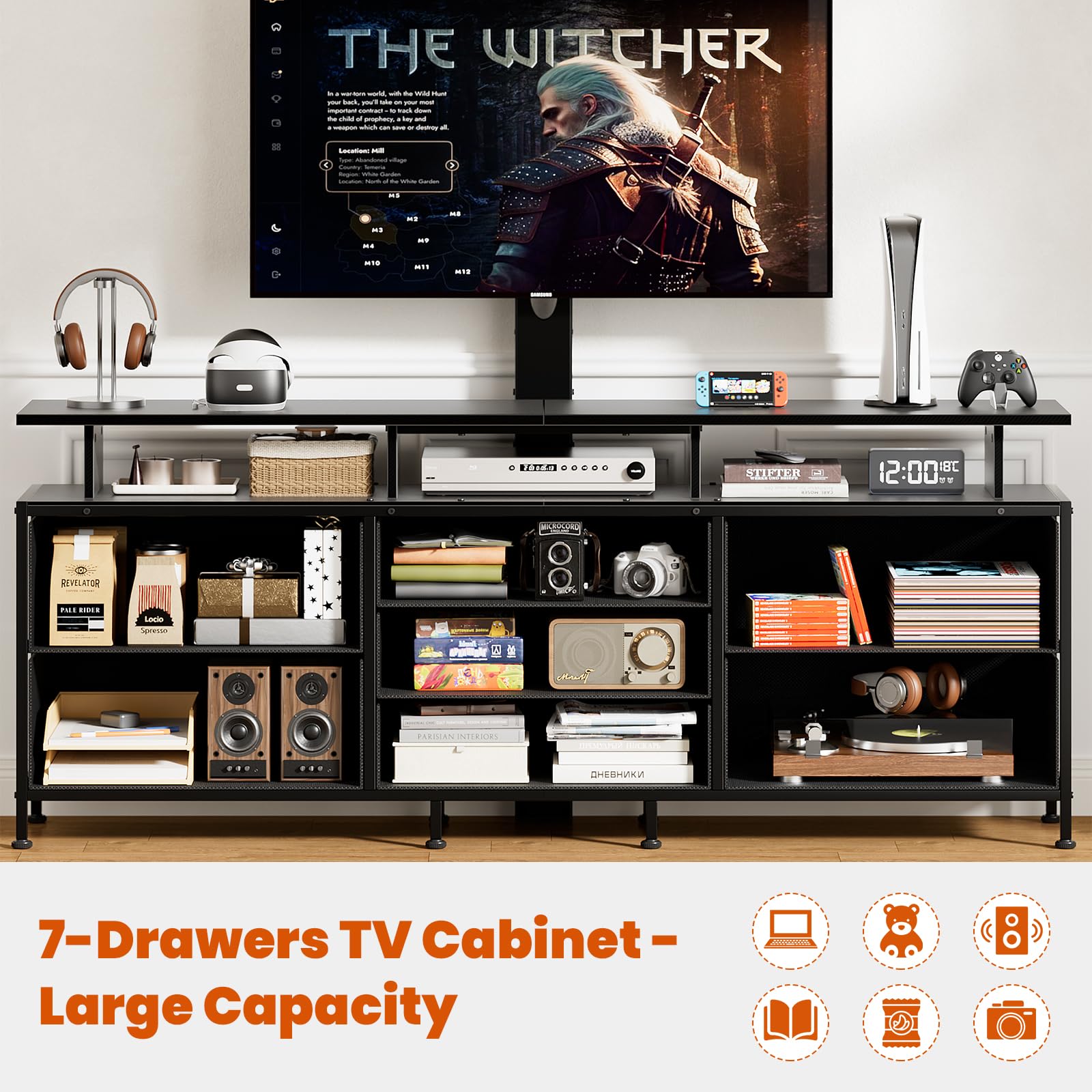 REAHOME TV Stand with Mount, 63" Entertainment Center for 32/45/55/60/65/70 inch TVs, Media Console Table with 7 Drawers, Height Adjustable Mount, Dresser TV Stand for Living Room, Carbon Fiber Black