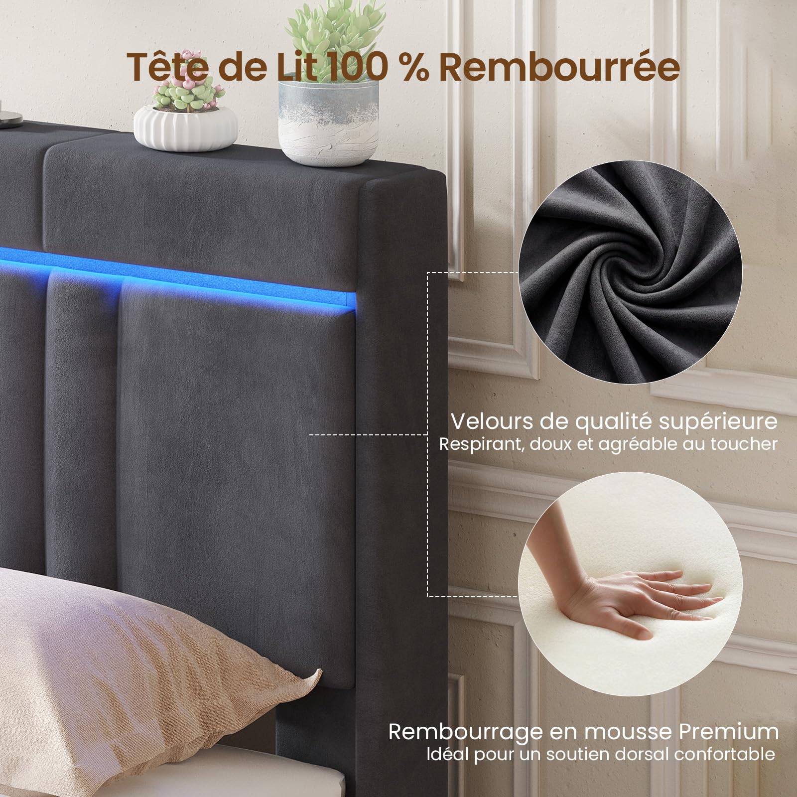 AOGLLATI Camas Matrimoniales 140x190 cm con Almacenamiento Hidráulico, Cama Canape con Luces LED, Somier Estructura de Cama con Estación de Carga, Cama Juvenil Terciopelo Gris Oscuro