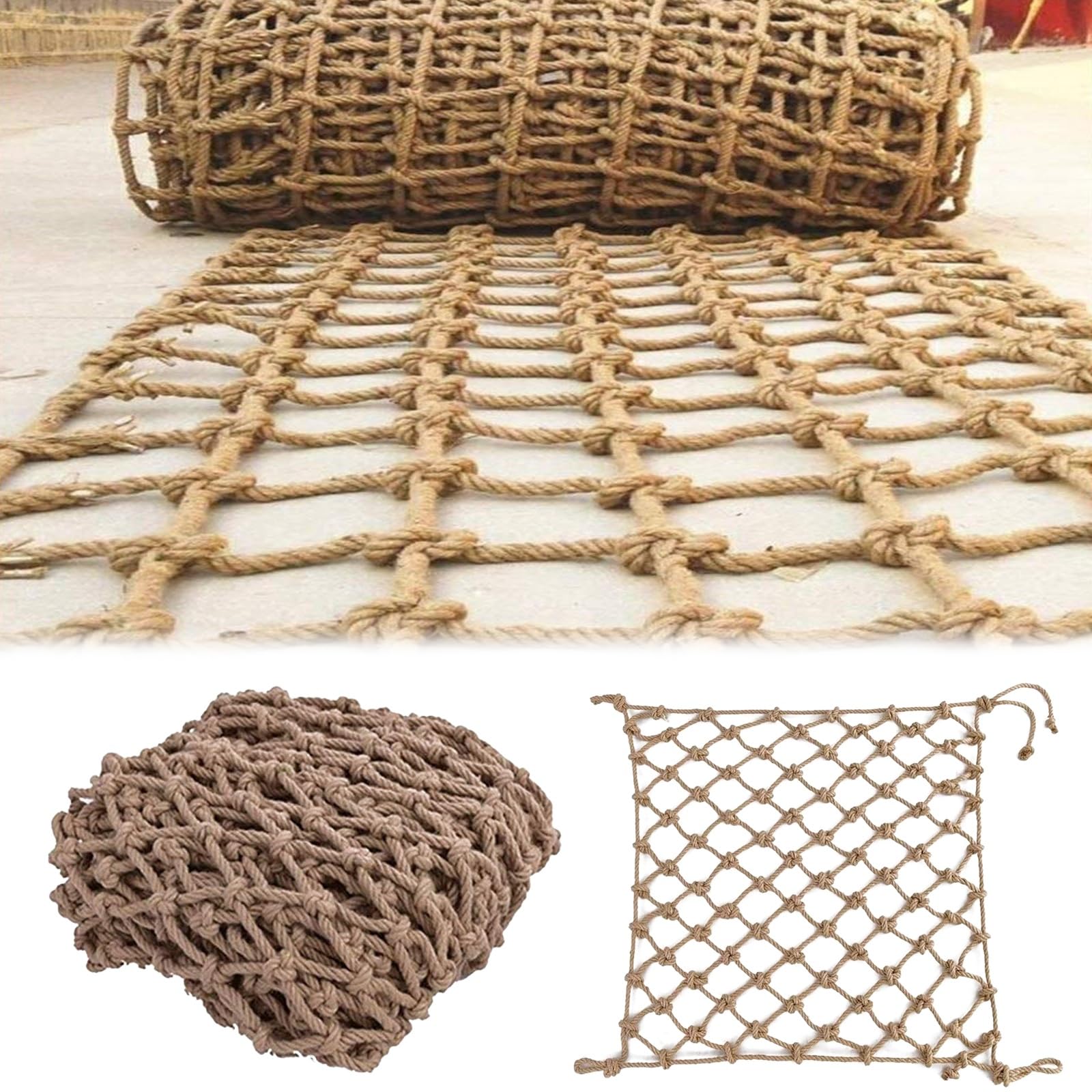 Lwjsocp Brown Heavy Duty Cargo Climbing Net 16X20ft - Outdoor Nylon Safety Net For Treehouses, Trucks, Trailers, And Playgrounds - 1Cm Rope Mesh For Secure Play And Climbing