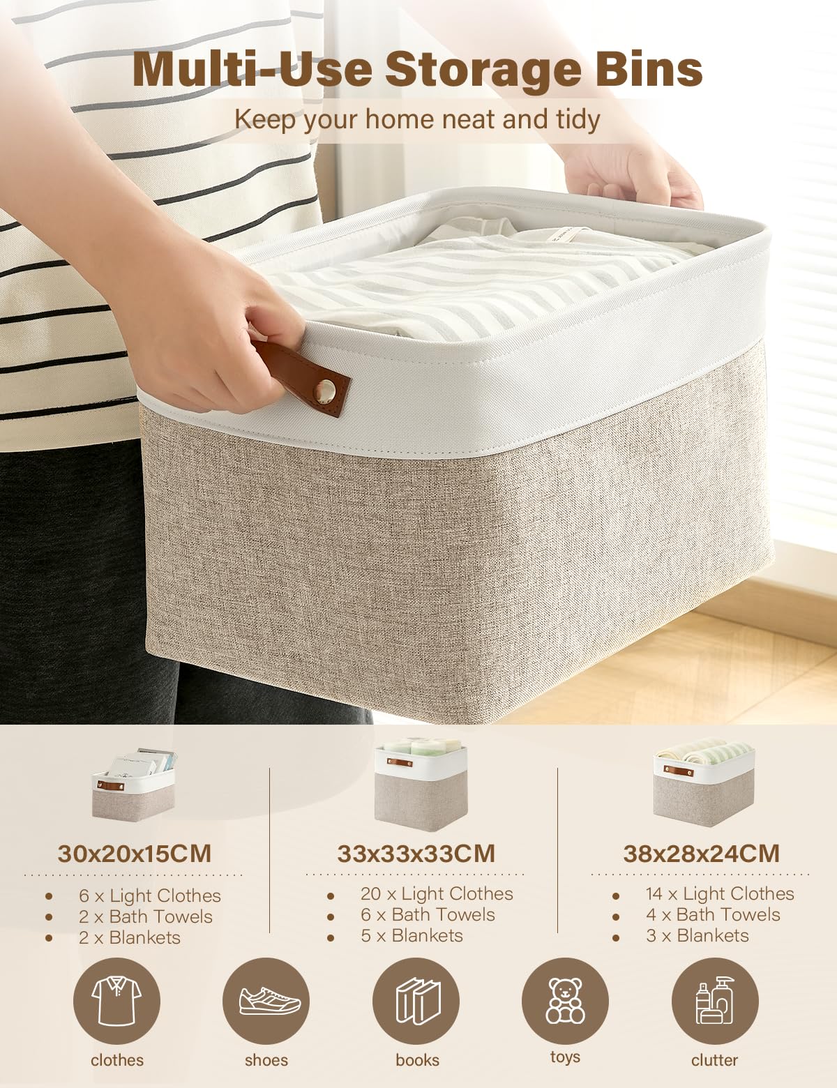 Bagnizer Set di 4 cubi organizzatori pieghevoli in tessuto per scaffali e armadi (33 cm) – Cestini con maniglie, scatola in tela impermeabile per abbigliamento, giocattoli per animali Beige & Bianco