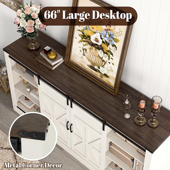 Hlivelood 66 Farmhouse TV Stand for 75 Inch TV, 33 Tall Entertainment Center with Power Outlets & Sliding Barn Door, Wood TV Stand with Storage, TV Media Console for Living Room, Antique White