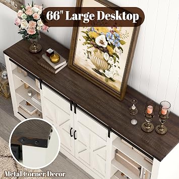 Hlivelood 66 Farmhouse TV Stand for 75 Inch TV, 33 Tall Entertainment Center with Power Outlets & Sliding Barn Door, Wood TV Stand with Storage, TV Media Console for Living Room, Antique White