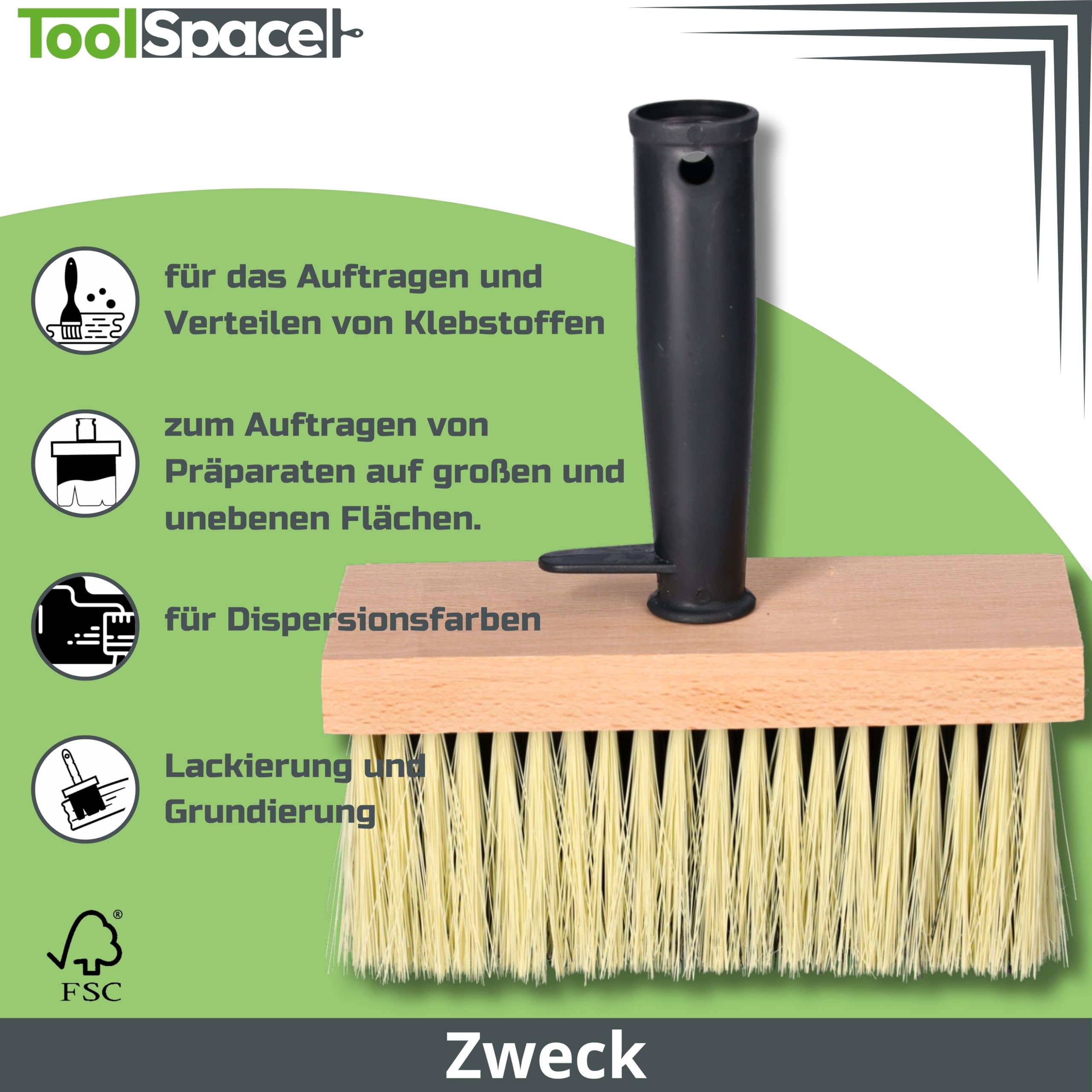 ToolSpace Pędzel Chlapak 170 mm - Nakrapiacz murarski - Do zacierania tynków, mas, lepików, do gruntowania - Polipropylenowe włosie, Erognomiczna, drewniana rączka - Solidna konstrukcja, Mocne włosie