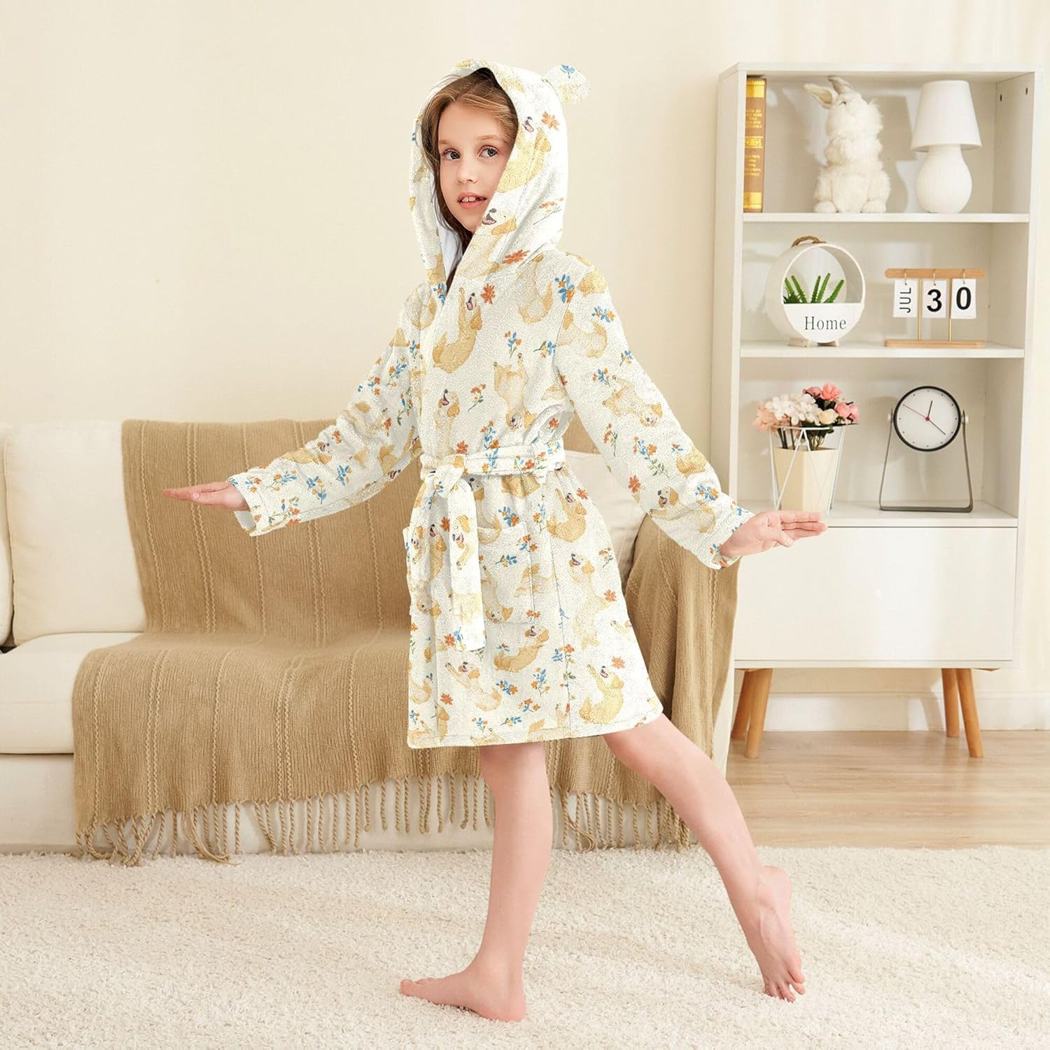 Cartoon Retrievers Dogs Pet Bathrobe Hooded PJ Robe Soft Fleece Robe Sleepwear 2-12 Years
