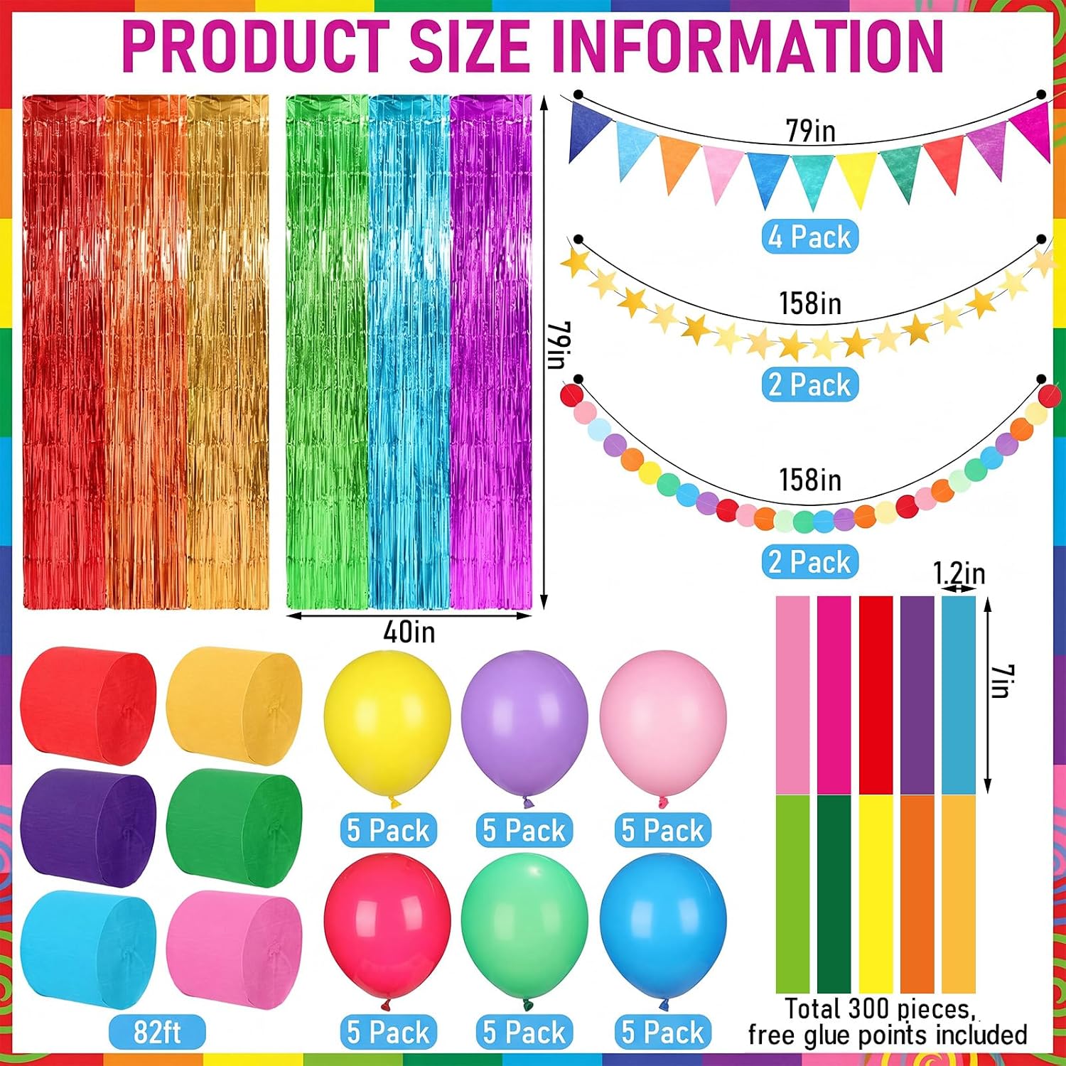 300sheets Colorful Paper Chain Strips Set with 2pack Rainbow Backdrop Curtains 492ft Crepe Paper Streamers 26ft Pennant Banner 26ft Circle Dot Garland 26ft Gold Stars Banner 30 Ballons for Party Decor