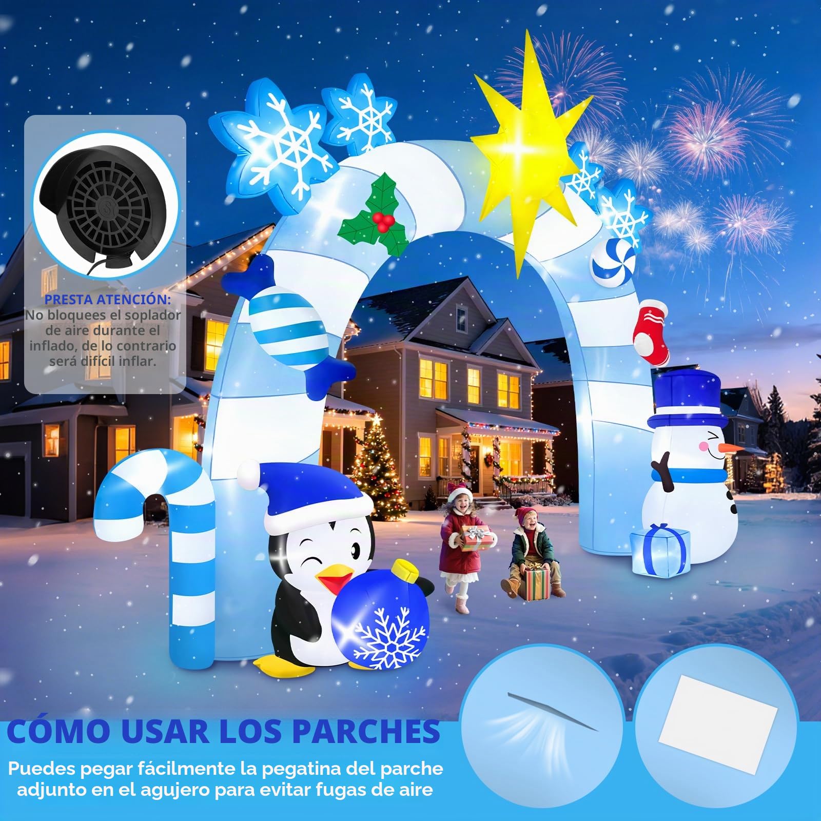 12 pies Arco Inflable Navideño, Kalolary Muñeco Nieve Azul de Invierno Pingüinos Túnel Inflable Navideño Decoración Navideña para Exteriores el Hogar Fiestas Césped Jardín Centro Comercial Calle