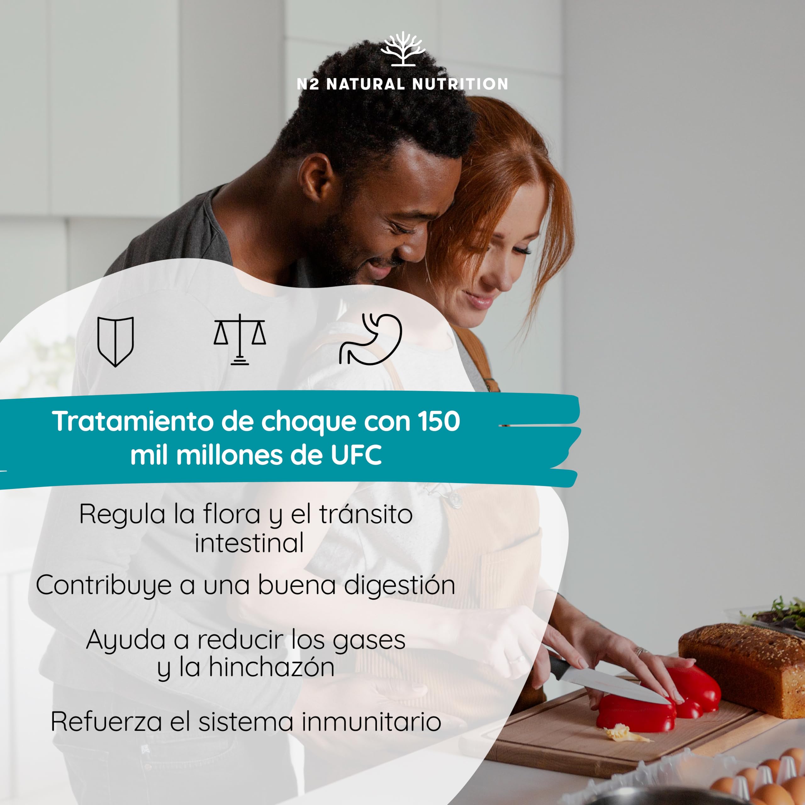 Probioticos 150 mil millones UFC y 20 Cepas. Máxima concentración de Probioticos y Prebioticos intestinales y Zinc. Terapia de choque 76 Días. Colon irritable y gases. Vegano. CE. N2 Natural Nutrition