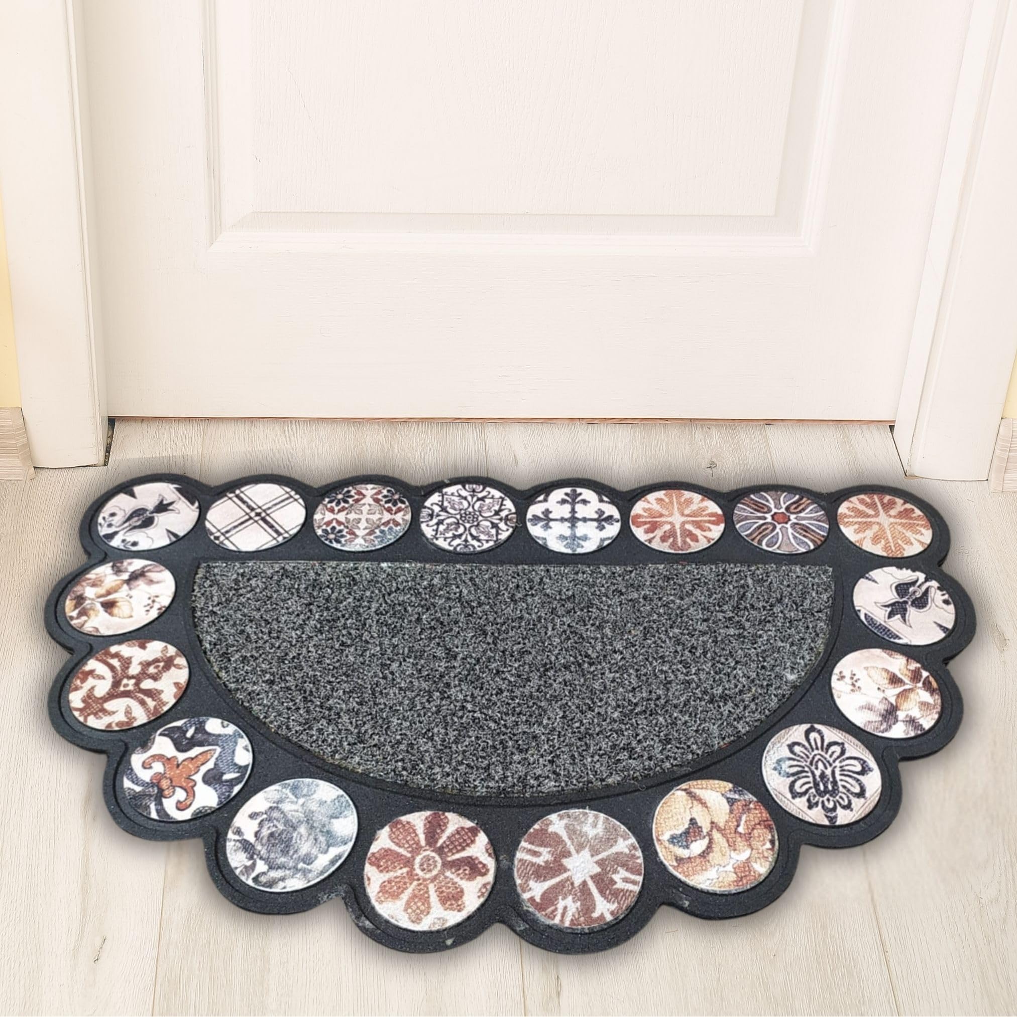 Grey Semi-Circle Outdoor Mat - Multi Rangoli Design | Heavy Duty Scrubber Floor Mat | All-Weather Entrance Mat for Home & Office | Durable Rubber for Safe Entry | Size: 45 x 75 cm-image-8