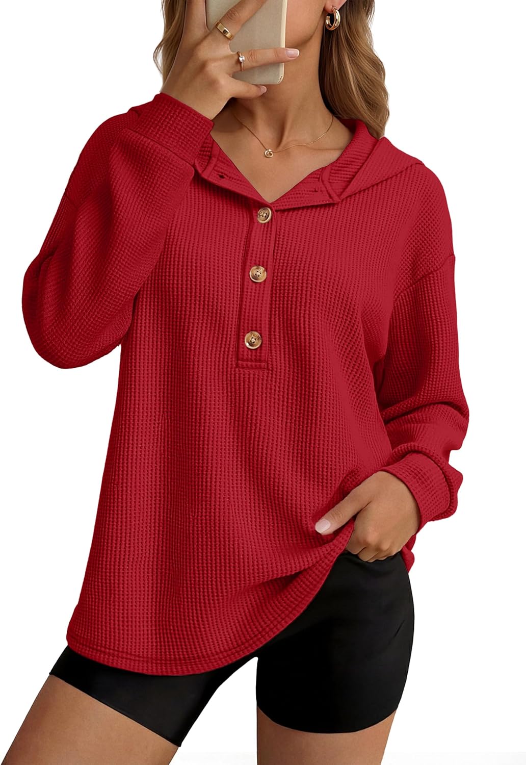 YUCOLEN Womens Waffle Shirt Trendy Cotton Waffle Knit Hoodies Oversized Sweatshirt Casual Waffle Knit Top