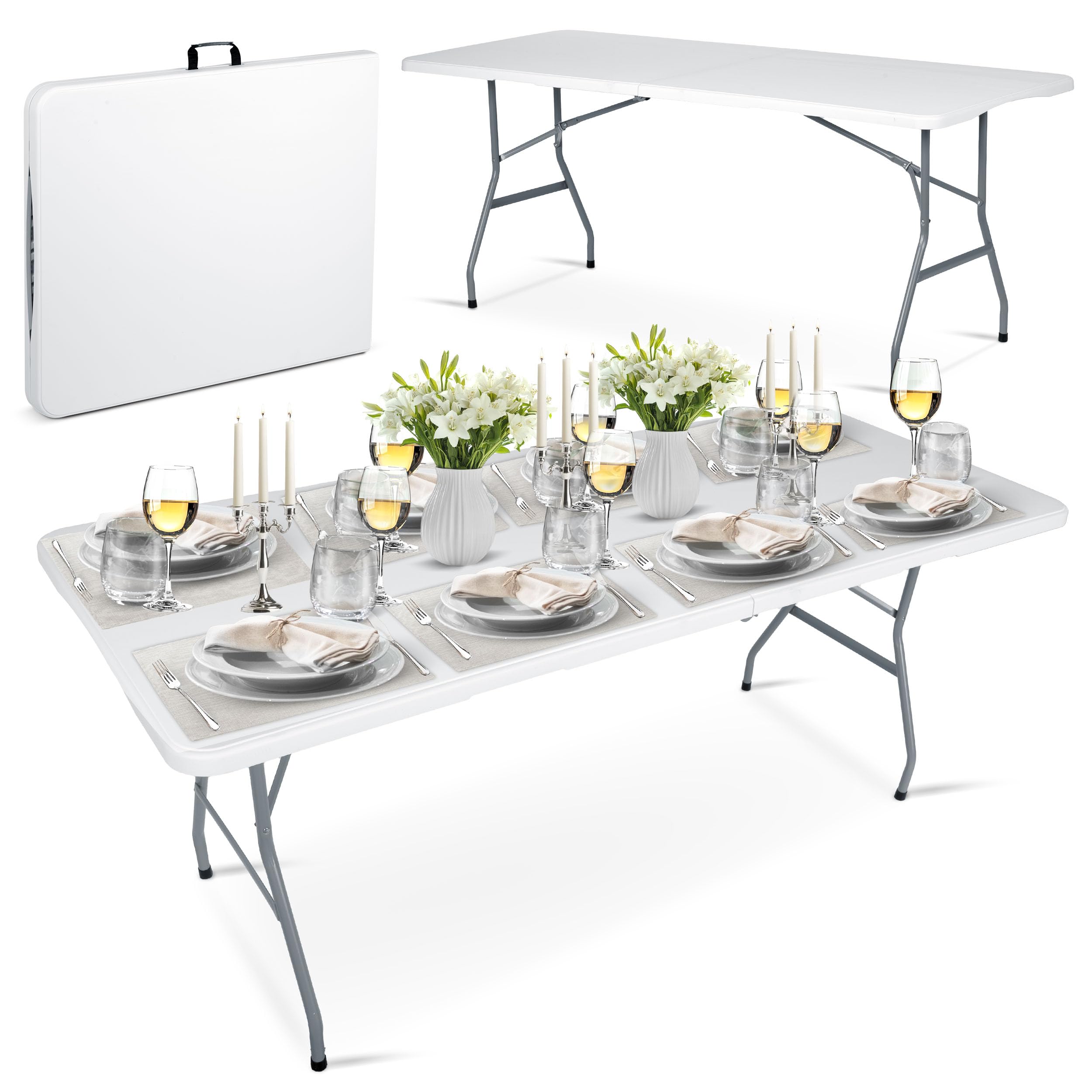 Tavolo da giardino, pieghevole, 180 x 74 cm, con maniglia, pieghevole, per feste, colore bianco