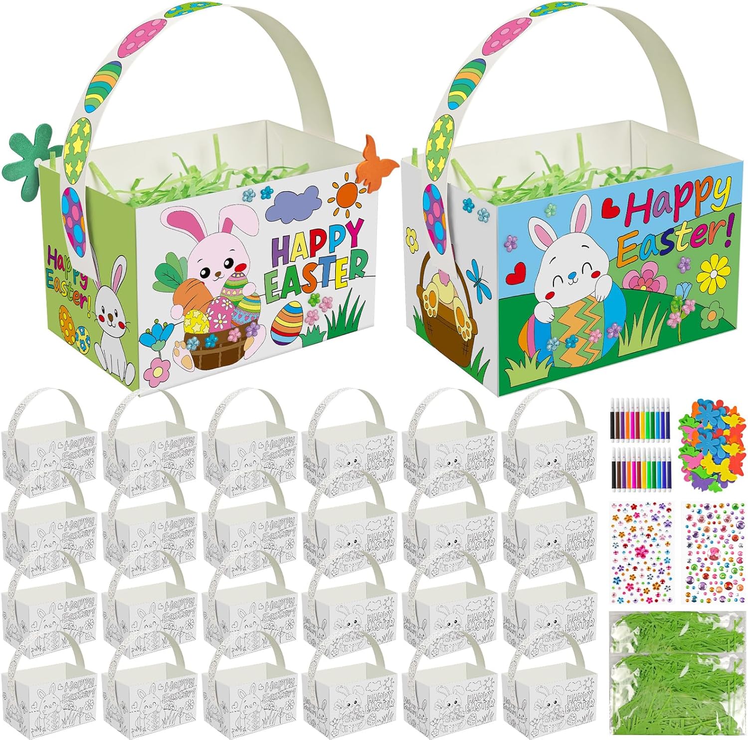 Cinrobiye 24 Set Easter Empty Basket Crafts DIY Paper Bunny Egg Basket with Handles Color Your Own Paper Treat Boxes with Stickers for Home School Spring Birthday Party Favor Activities Decor Supplies