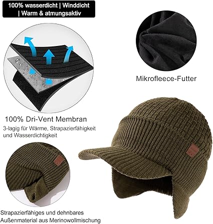 TOP-EX XL/XXL Merinowol beanie heren dames waterdichte warme wintermuts gebreide muts met fleece voering outdoor ski muts grijs XL/XXL, 95562_grijs