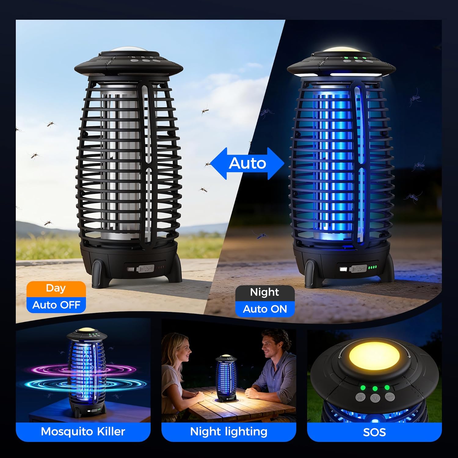 Bug Zapper Outdoor,4 in 1 Cordless Mosquito Zapper, Rechargeable 4000mAh Battery with Auto/SOS Mode, Waterproof Electric Fly Trap,Easy to Clean Portable Night Light for Patio,Backyard,Camping, Home