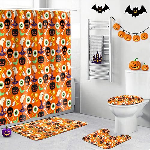 Miniatura 27 de Juego de 4 cortinas de ducha de Halloween, juego de baño de Halloween con cortina de ducha y alfombras, cubierta de tapa de inodoro, cortina de