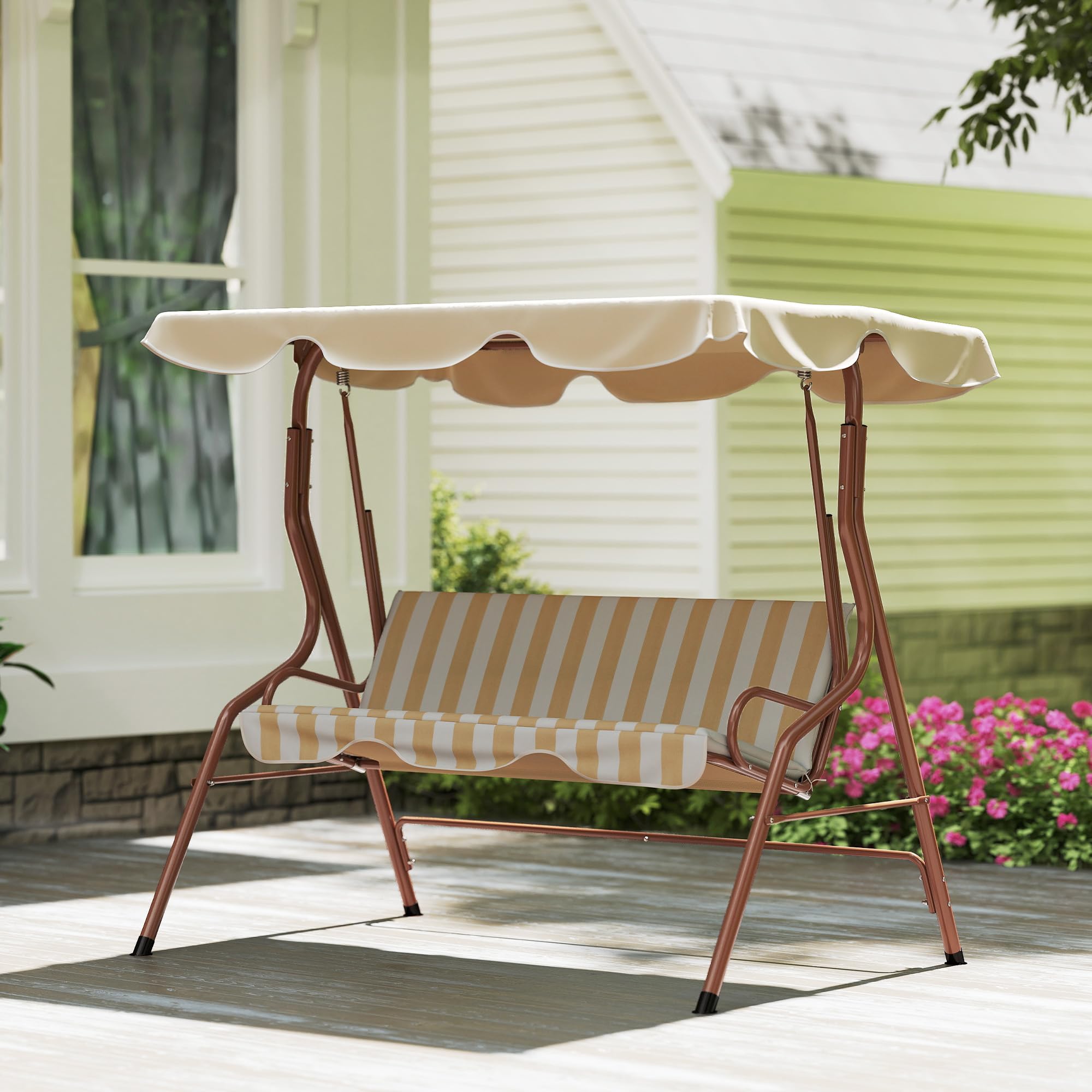 Outsunny Balancelle de Jardin 3 Places Toit imperméabilisé Inclinaison réglable Acier Polyester Marron crème rayé