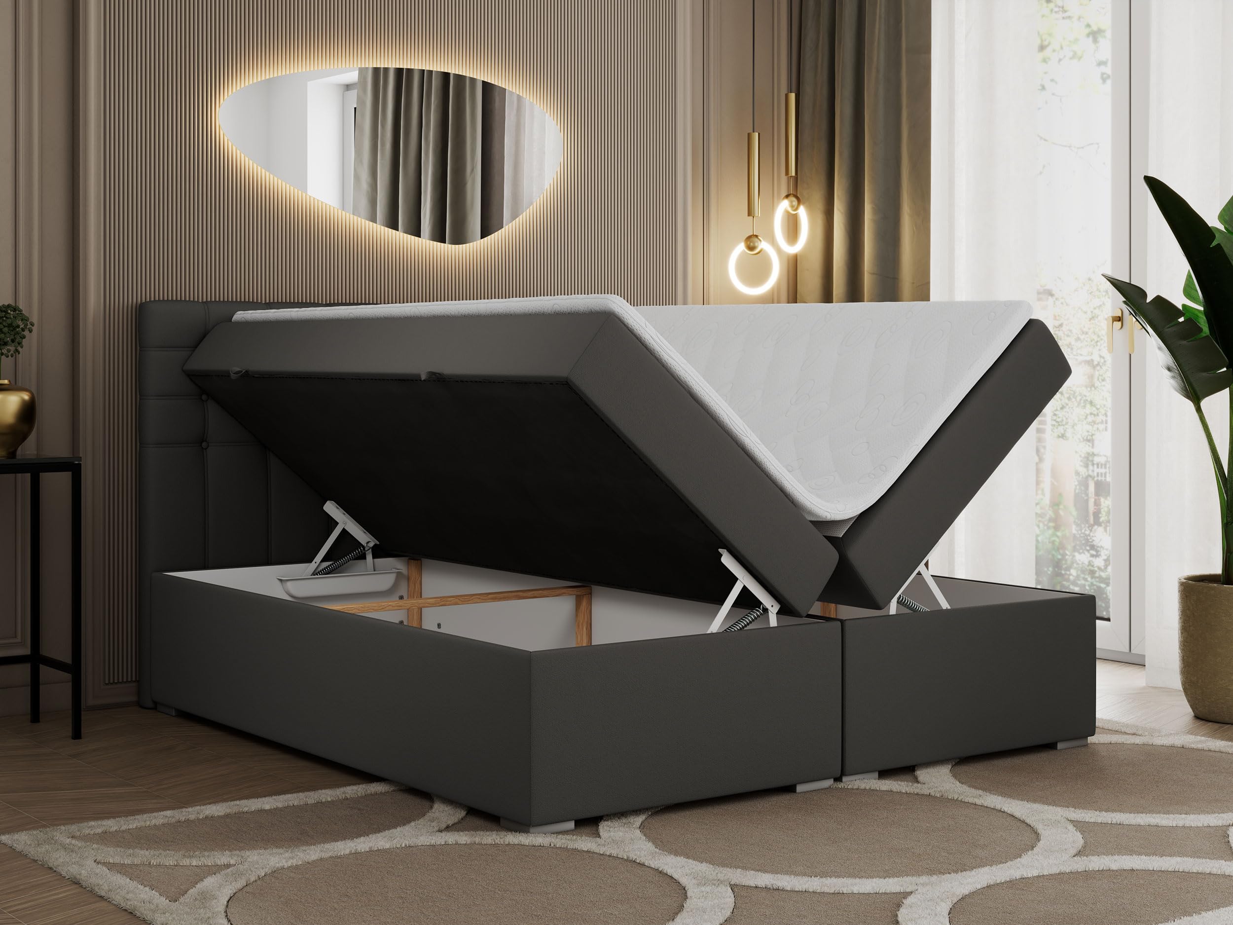 MKS MEBLE Boxspringbett Grau 200x200 Mit Bettkasten Und Multipocket-Matratze H3 - Mit Kopfteil Und Topper - Dunkelgrau Kunstleder Susan