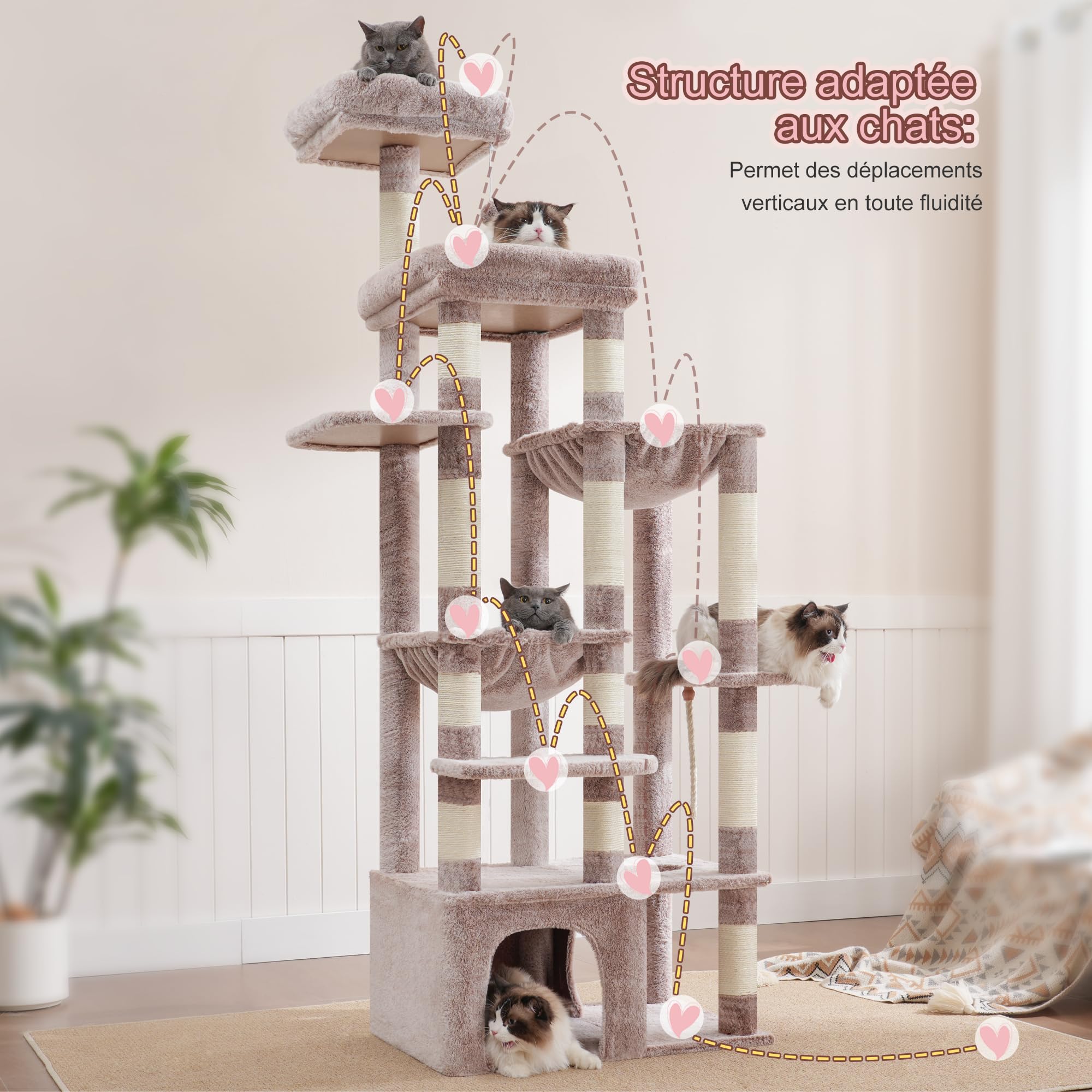 Heybly Arbre À Chat, 180cm De Haut avec Base Stable, Plateforme XL, Grande Maison pour Chat, 2 Hamacs, Meubles pour Chats À Plusieurs Niveaux pour Les Chats du Maine, Marron Beige HCT037MU