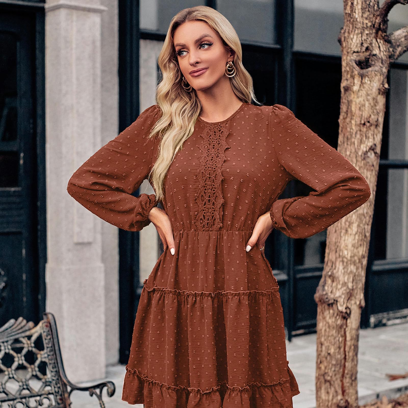 Vestito Lungo Donna Gonna Elegante Casual da Donna, Scollo Tondo, Corsetto, Abiti in Pizzo per Donna, Maniche Lunghe, Scollo A V, Cuciture in Pizzo, Orlo A Strati-Rosso-l