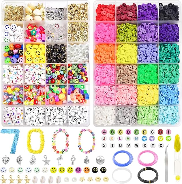 Clay Beads for Jewellery Making, 7000PCS 24 Colours Clay Flat Beads Polymer with 15 Styles Flower Letter Face Beads and Charms for Bracelet Making, Round Polymer Clay Beads Kit for Kids Girls Adults