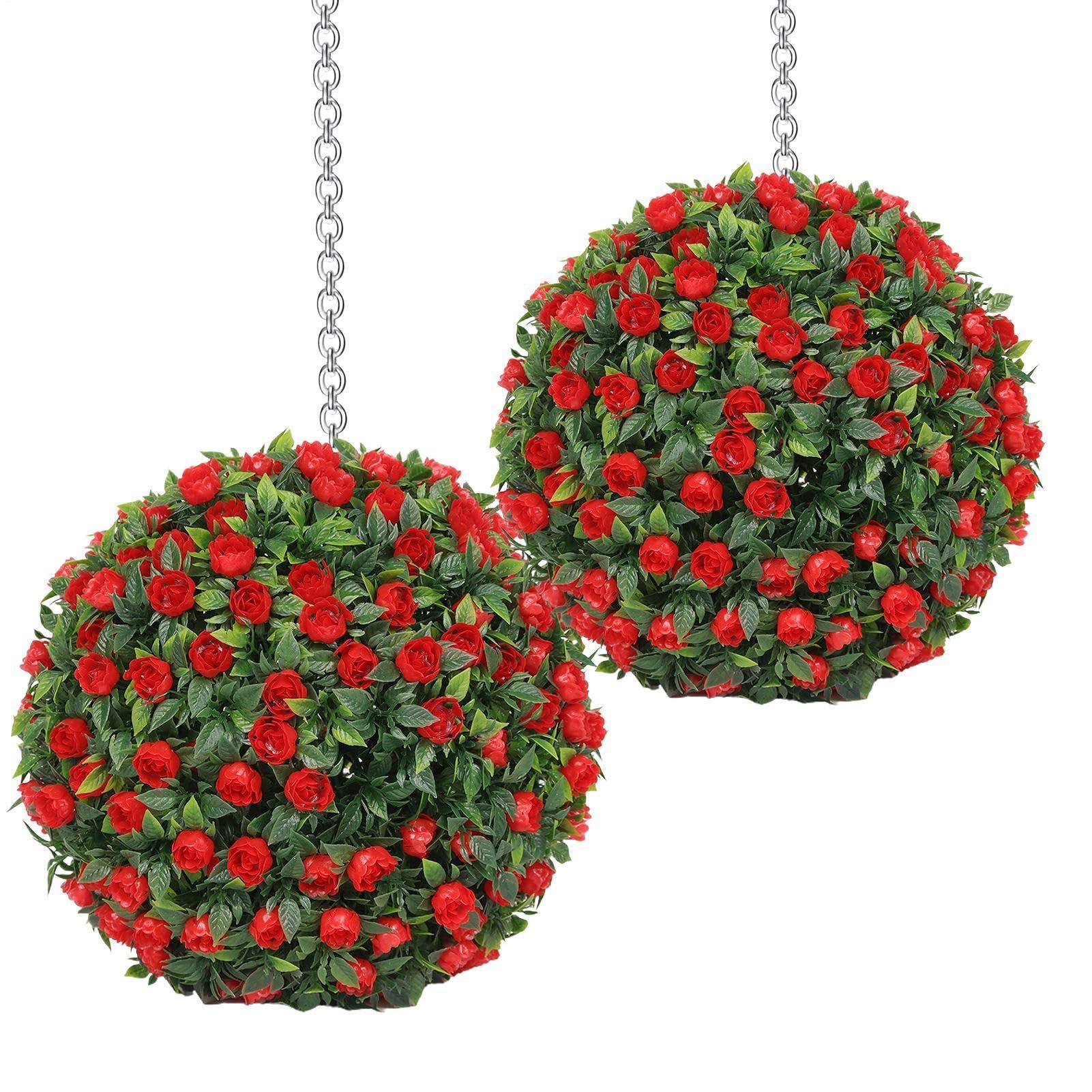 Artificial Topiary Balls,25cm UV-protected,Set Of 2 Decorative Topiary Balls Hanging Grass Ball,No Maintenance Ever Green Fake Leaf For Patio, Garden,Indoor (Flowers, 25 * 25cm)