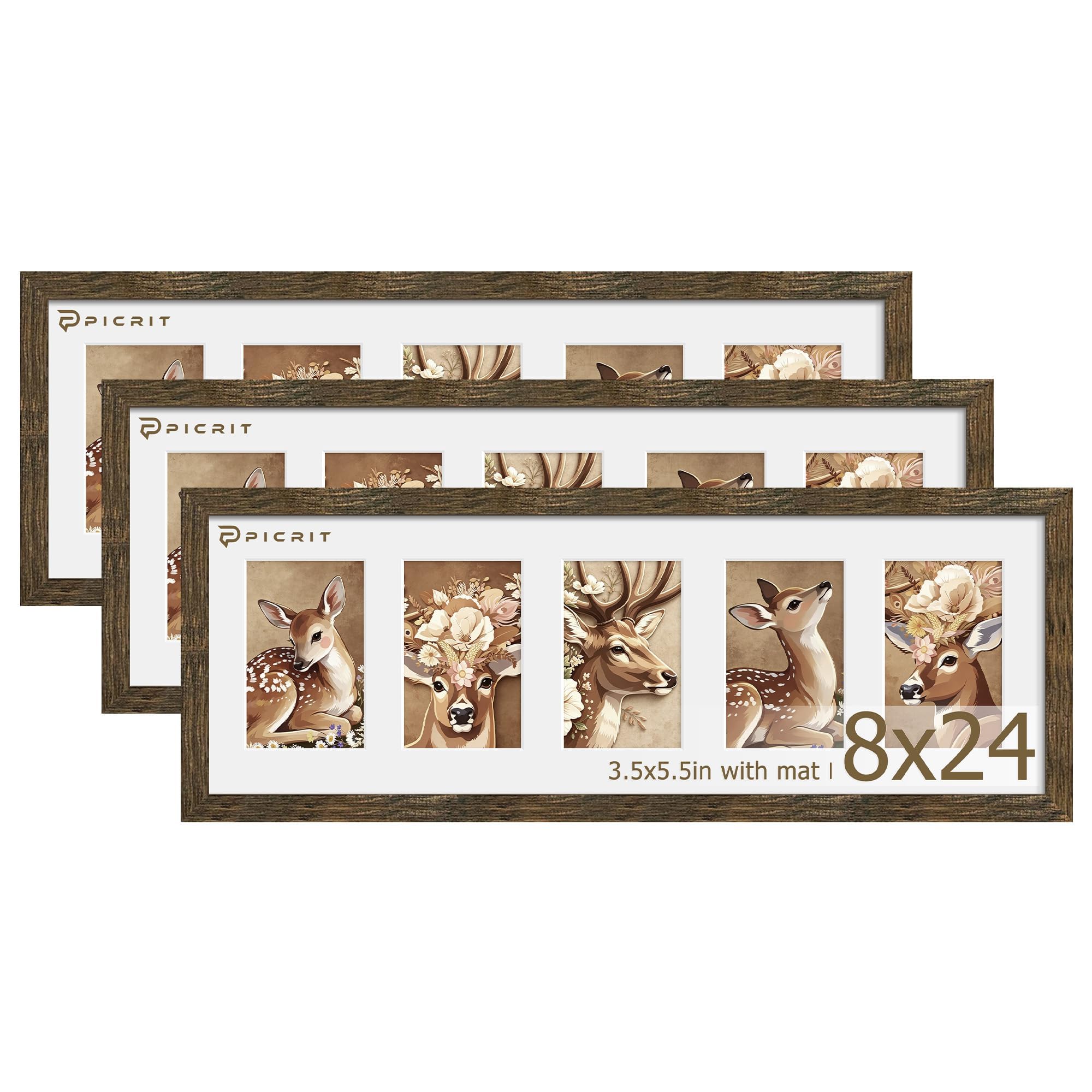 Picrit 8x24 Rustic Brown Picture Frame, Collage Frame for Wall, 3 Pack