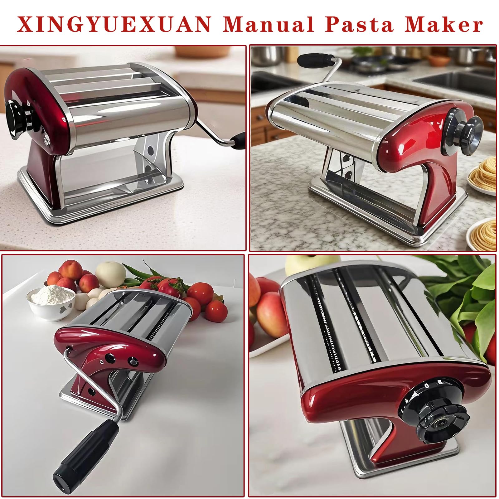 XINGYUEXUAN Manual Pasta Maker - Stainless Steel Noodle Machine with 2mm/4mm Cutters, Hand Crank for Homemade Spaghetti & Fettuccine
